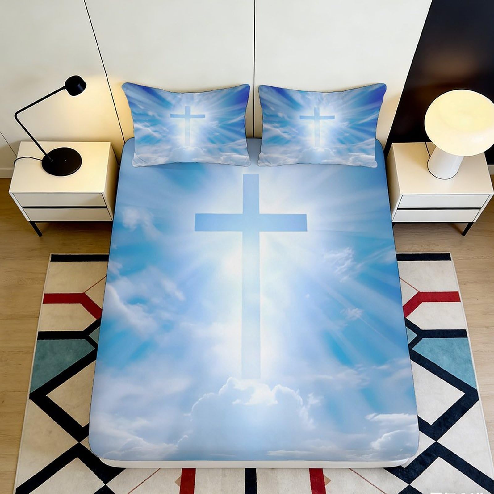 3D Printed Christian Cross Fitted Sheet Microfiber Soft Breathable Blue Sky Bed Cover for Bedroom Dormitory Guest Room Mattress Protection Decor 140x200x25cm