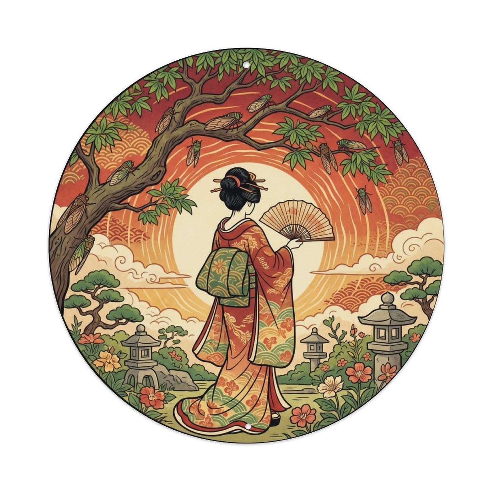 Galvaxio Style Japanese Kimono Woman Listening Cicadas Hot Summer Metal Tin Sign