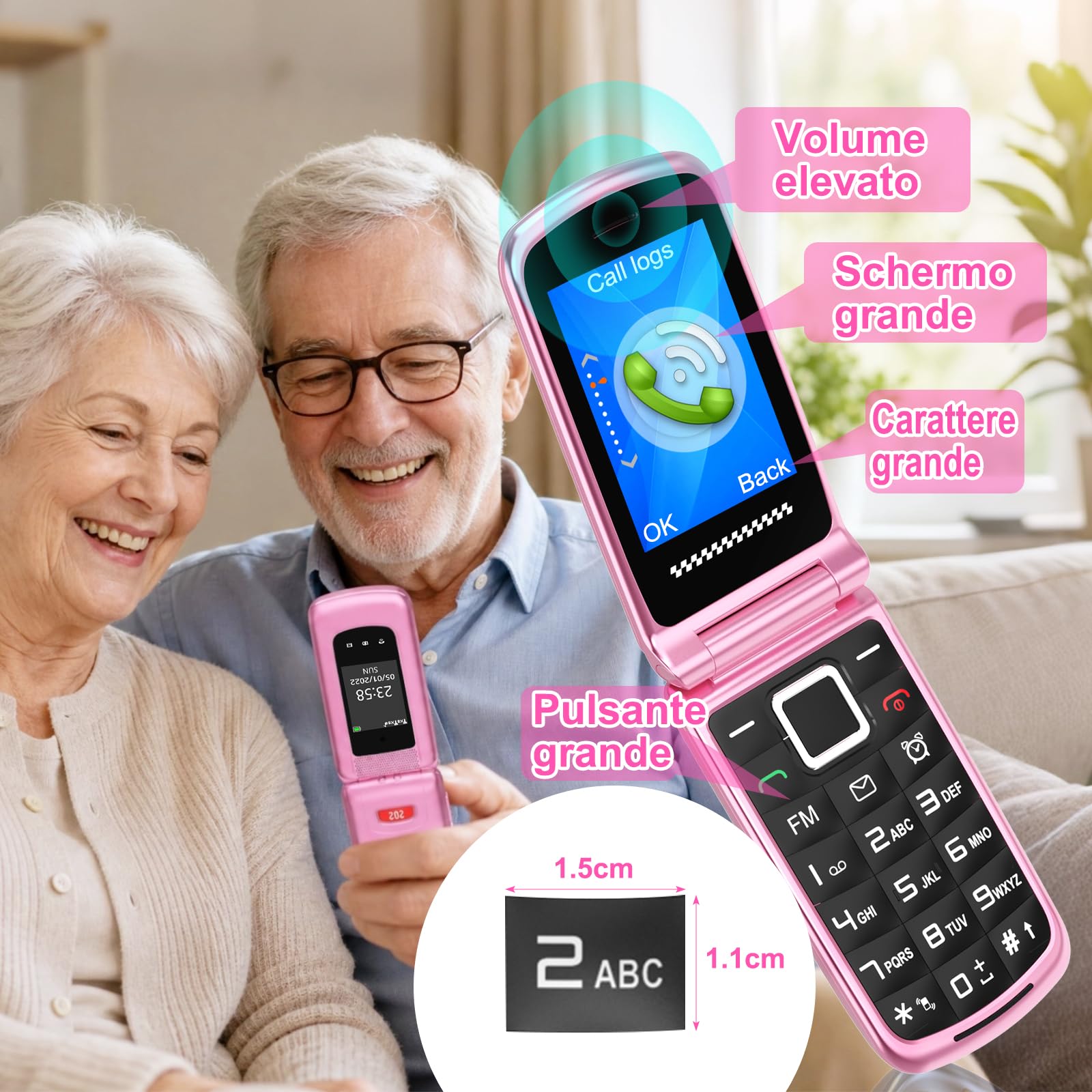 4G Telefono Cellulare per Anziani | Flip Telefoni Cellulari con Tasti Grandi | Doppia SIM | Annunci vocali | Volume alto | Funzione SOS | 2.4"+1.77" Doppio Pantalla | Selezione Rapida | Rosa