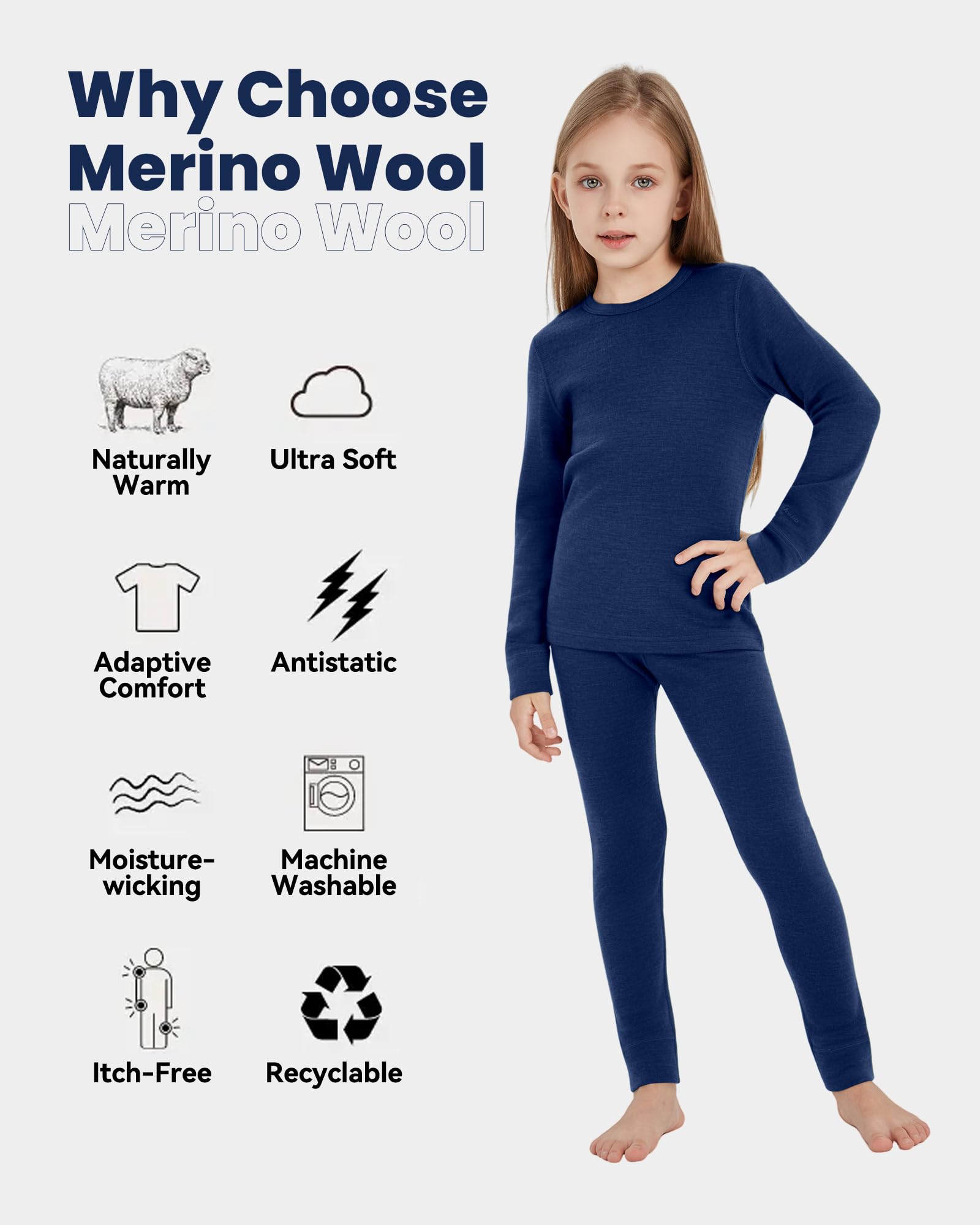Ropa interior térmica infantil unisex, 100% lana merino, juego para niños y niñas, ropa interior de esquí de invierno, cálida y cómoda, 260 Navy, 7-8