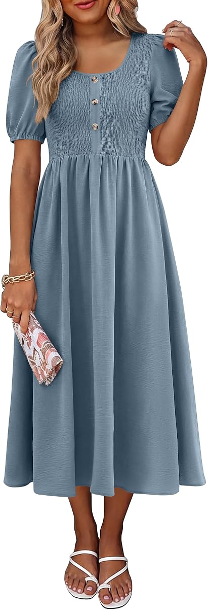 Women Summer Casual Puff Short Sleeve Scoop Neck Smocked Button Up High Waist Flowy Vacation Midi Dresses & Pockets
