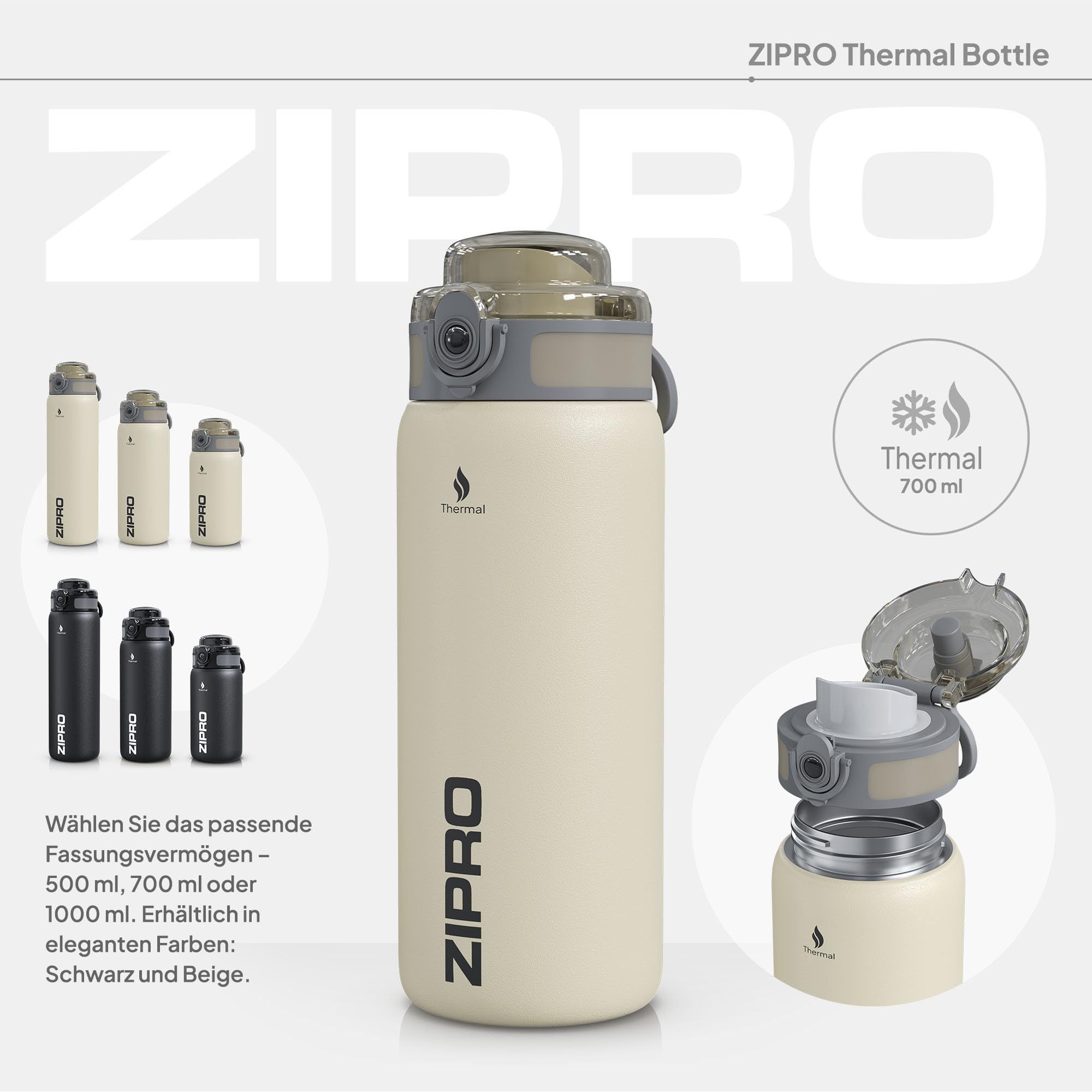 ZIPRO Tazza Termica Acciaio Inox 700ml Grande Borraccia Isolata con Maniglia Mantiene 12h Caldo 24h Freddo Ermetica Mug da Viaggio Outdoor per Campeggio e Sport - Beige