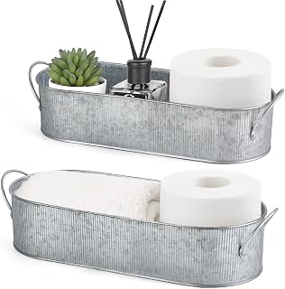 Mkono Set of 2 Metal Storage Baskets for Toilet Tank Top - Silver Farmhouse Organizers with Handles for Bathroom Decor, Shelves & Countertops
