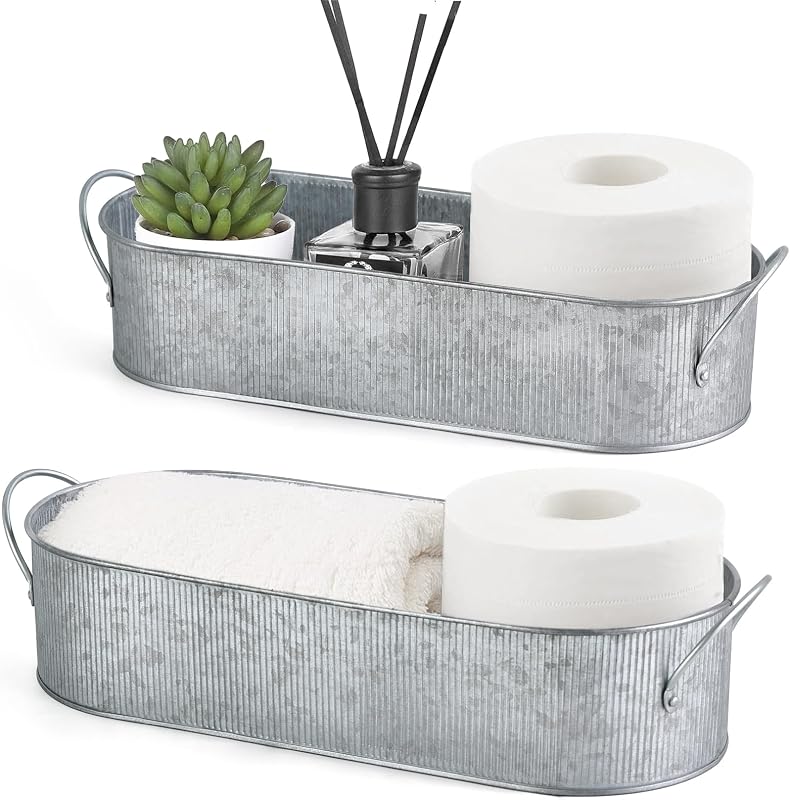 Mkono Metal Storage Basket, Toilet Paper Holder Bathroom decor, 2 Pack | Silver, Farmhouse Galvanized Metal Tray, Back of Toilet Tank Organizer, Decorative Bin, Bathroom Bedroom Living Room Office