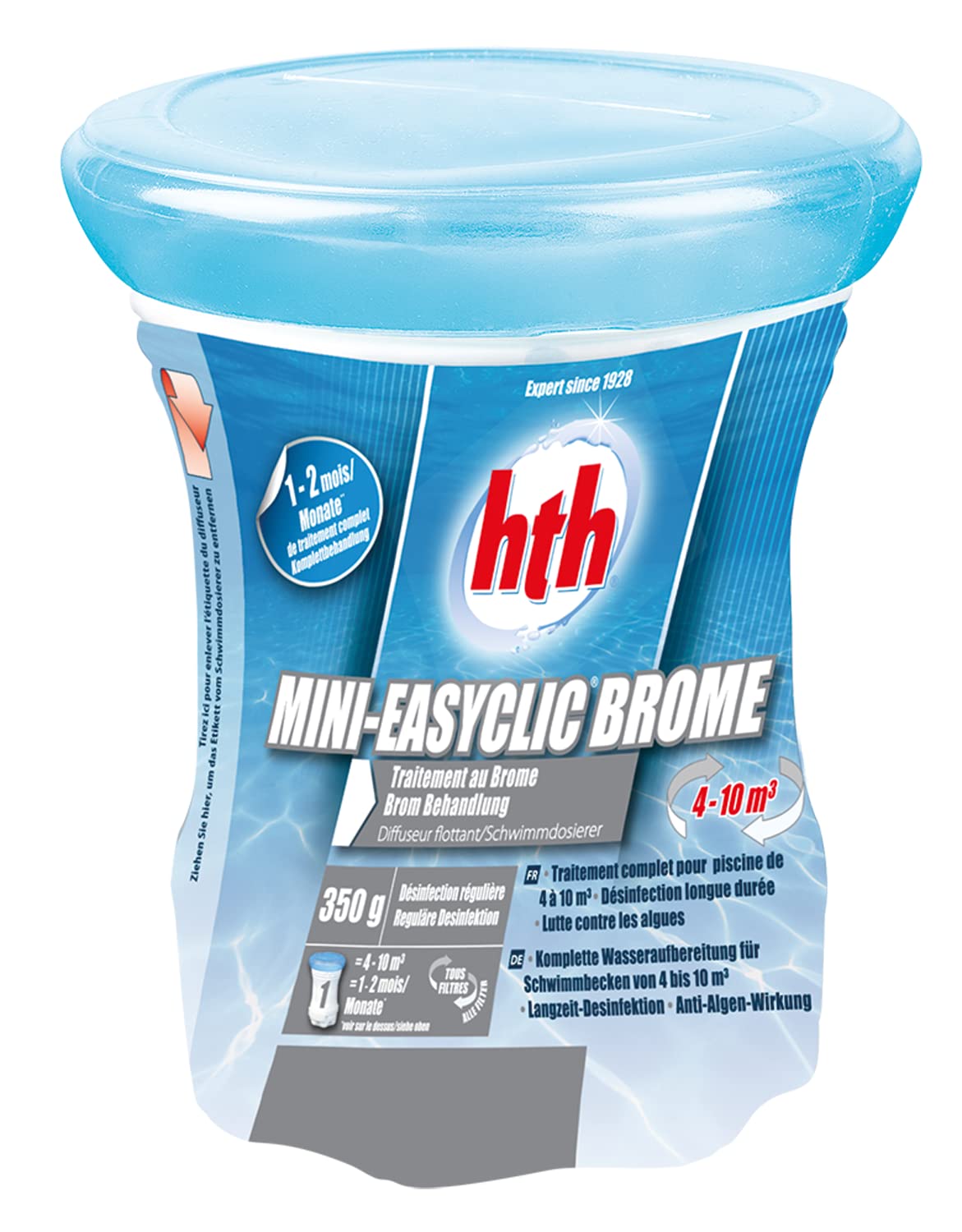 HTH Mini EASYCLIC Brome - Diffuseur Flottant 4-10m3-0,35kg | Brome Lent - Désinfection Régulière Longue Durée - Dissolution Lente + 10 Tests HPS OFFERTS 6 en 1