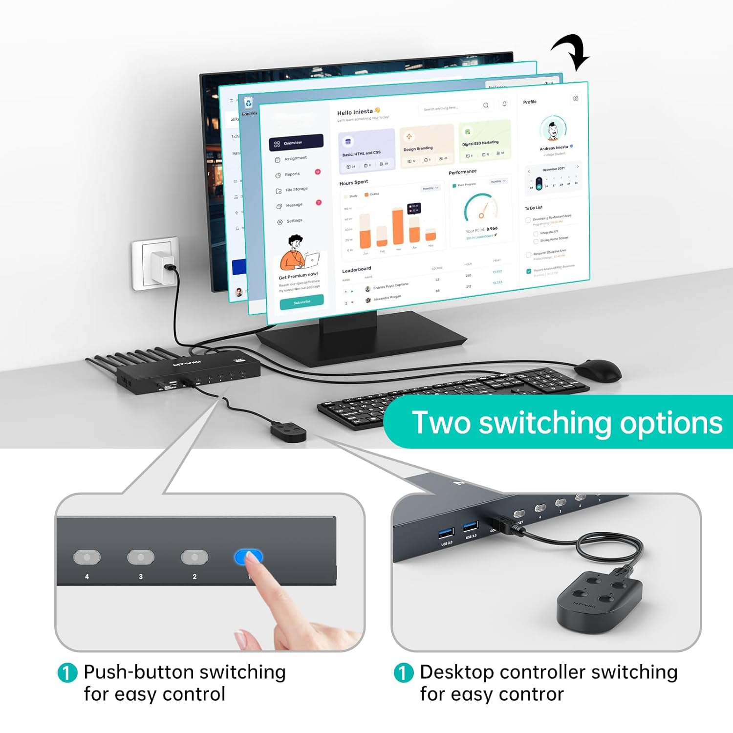 MT-VIKI 8K Displayport KVM Switch 4 in 1 Out DP1.4 with 4 USB 3.0 Ports, Support 8K@60Hz 4K@144Hz Share 1 Monitor Keyboard Mouse U-Disk Printer, with 4 USB A to C Cables