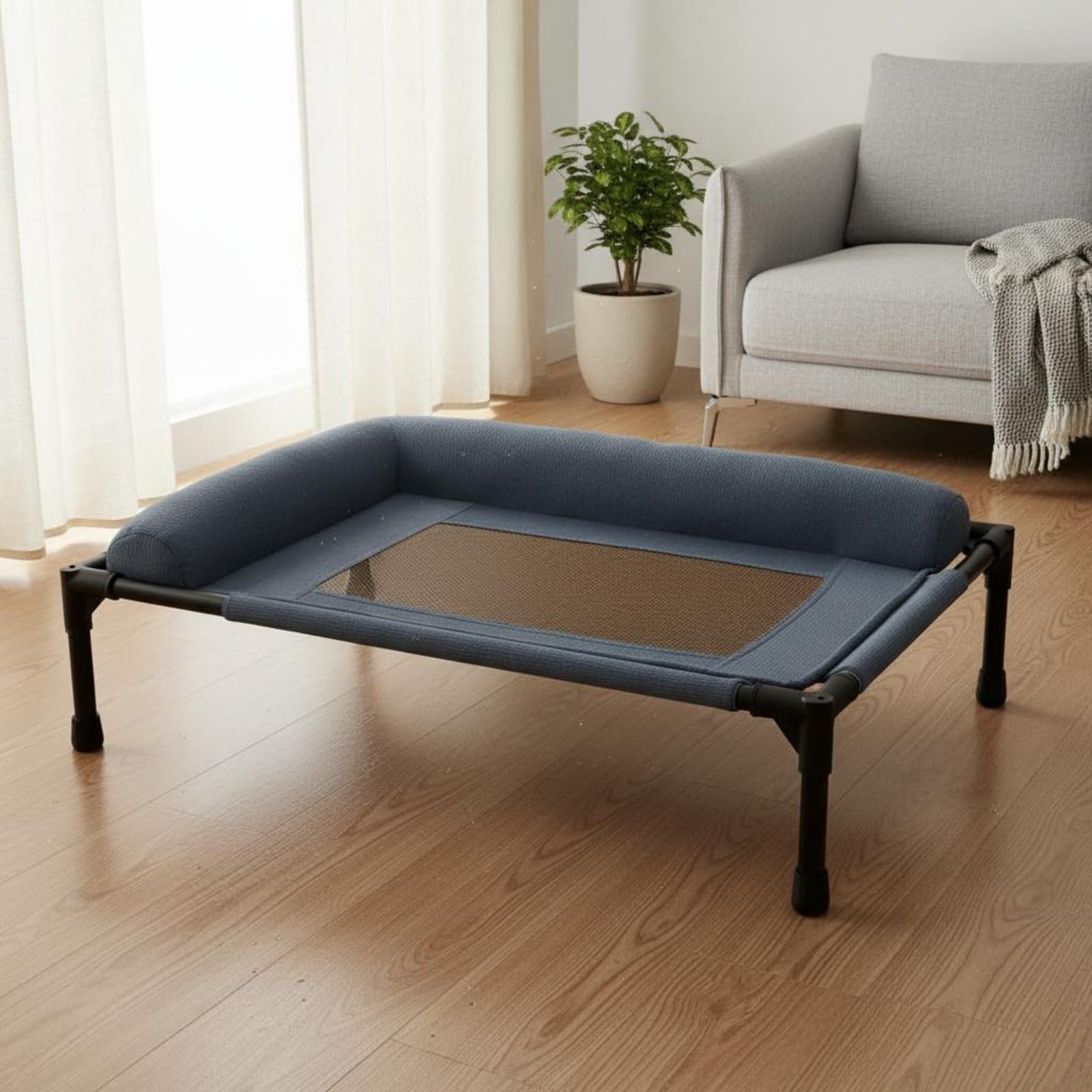 Cama Elevada para Mascotas con Soporte Elevado Red Transpirable Resistente Cojín Protector Lateral Suave y Estructura Estable Adecuada para Mascotas Medianas Uso en Casas y Balcones, Verde, M