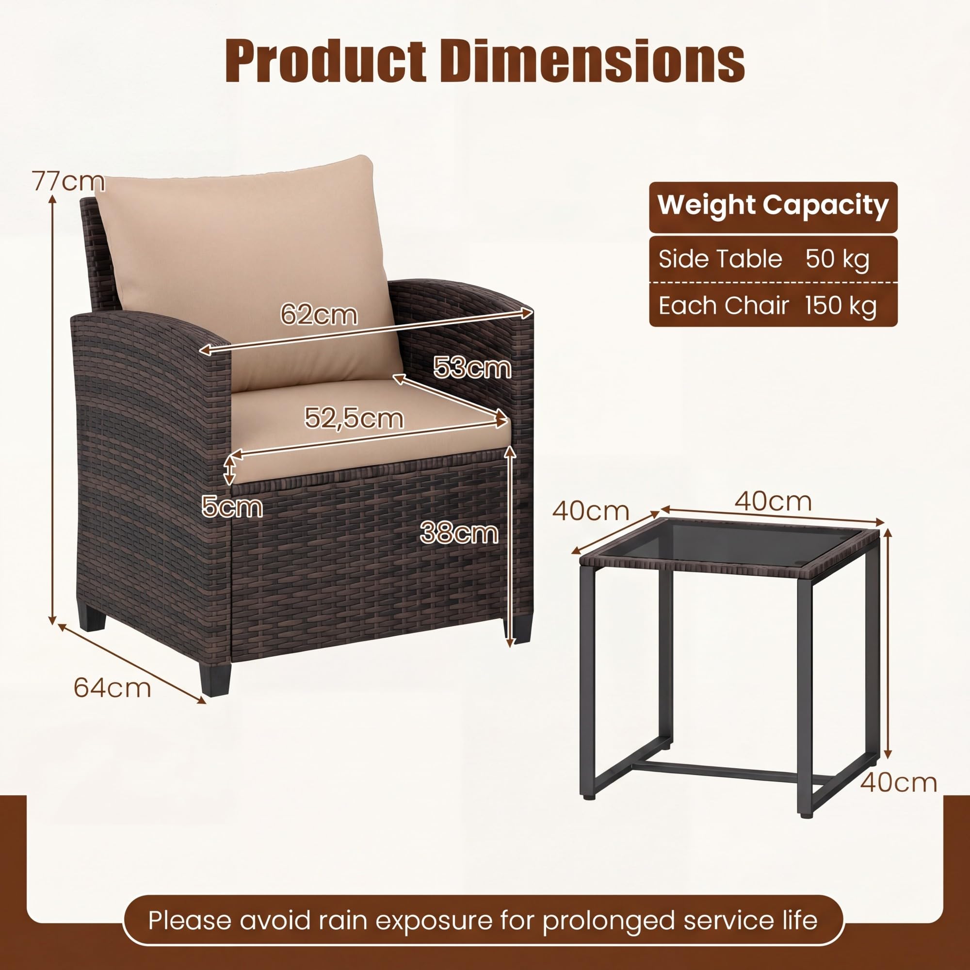 GIANTEX Juego de Muebles Jardín Exterior 3 Piezas, 2 Sillones con Cojines y 1 Mesa de Café de Vidrio, para 2 Personas, Conjunto de Conversación para Balcón, Terraza, Patio (Marrón+Café)