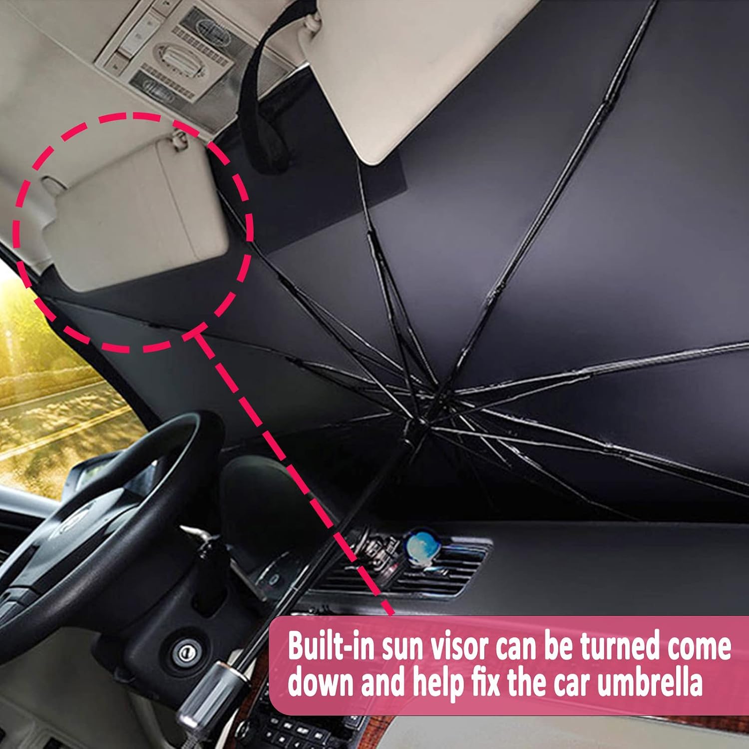 SPRFUFLY Car Windshield Sun Shade Umbrella, UV Reflecting Foldable Front Car Sunshade Umbrella, Easy to Use/Store Car Umbrella Protect Vehicle from UV Rays Sun and Heat, Fit Most Vehicle(57'' x 31'')