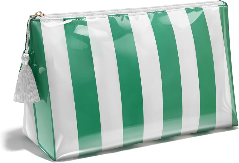 Necessaire Fozira de viagem com zíper, material transparente listrado, verde