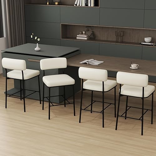 Vista 21 de Juego de 3 taburetes de bar de altura de mostrador de 26 pulgadas, taburetes de bar tapizados con respaldo, cuero sintético negro, sillas de altura