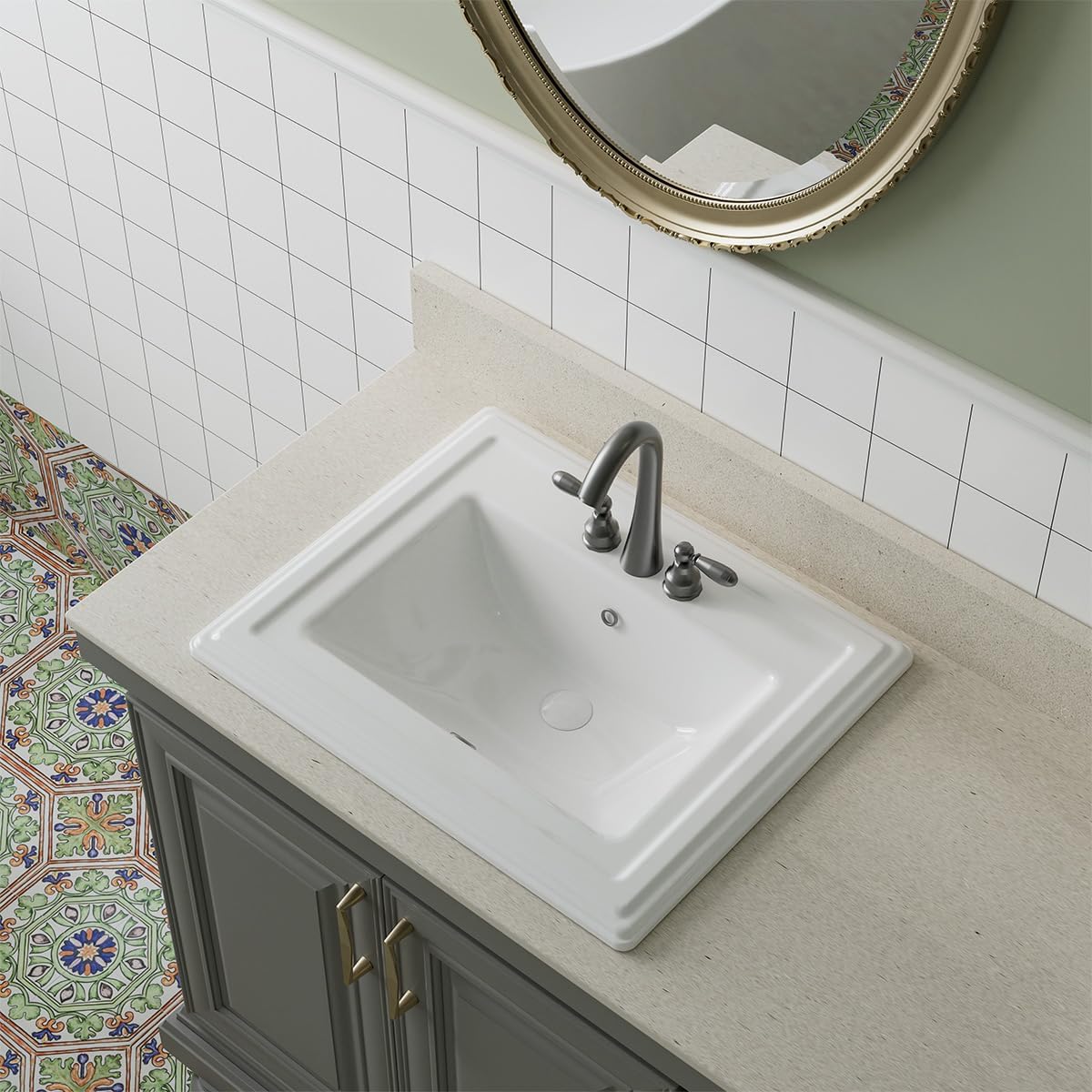 Oaker 22" Rectangular Ceramic Drop in Bathroom Sink in White with Overflow, cUPC Certified Drop in Lavatory