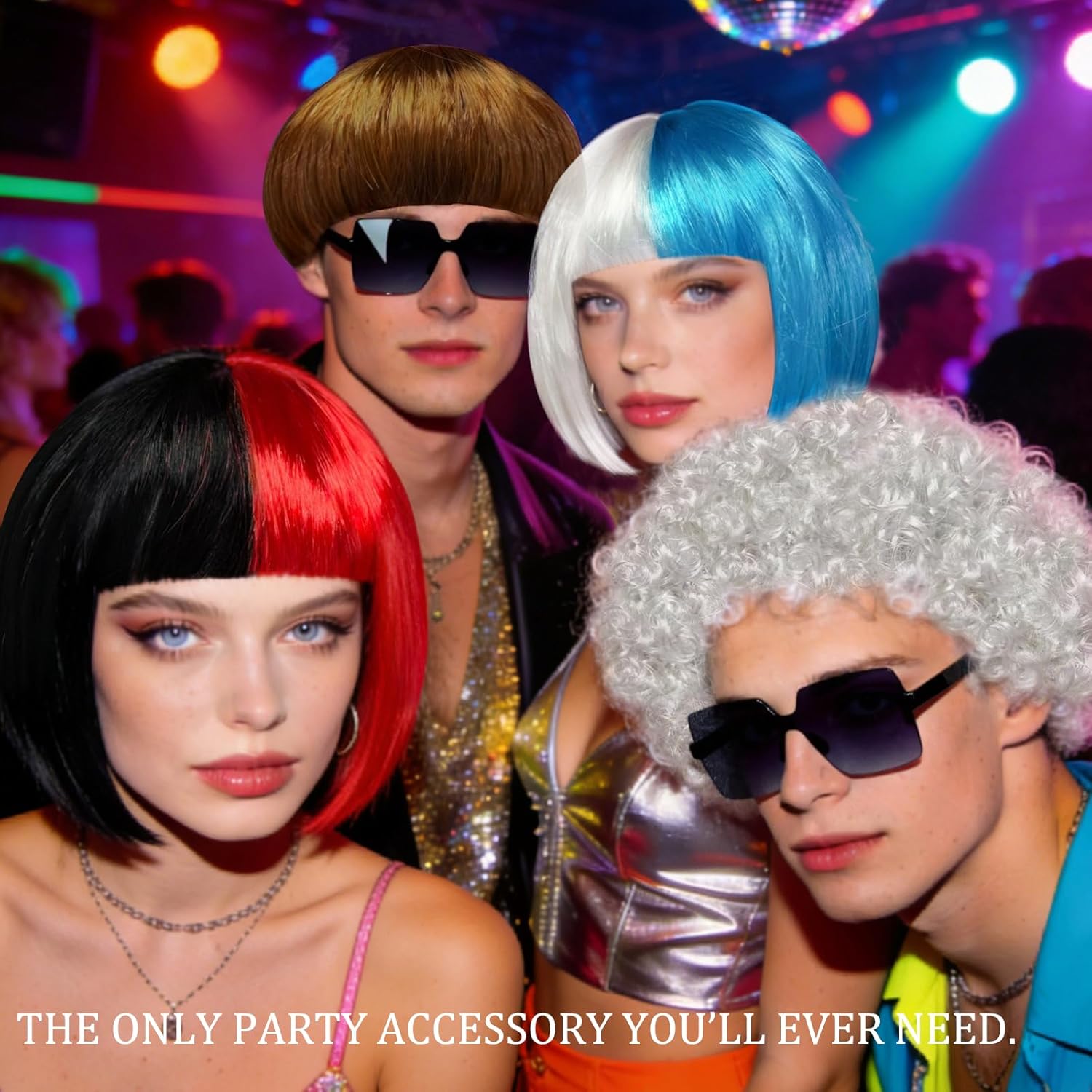 12 Funny Wigs with Sunglasses Set, Multi Colorful Bob Long Wavy Mushroom Afro Crazy Fun Party Costume Wig for Women Men (Multicolor)