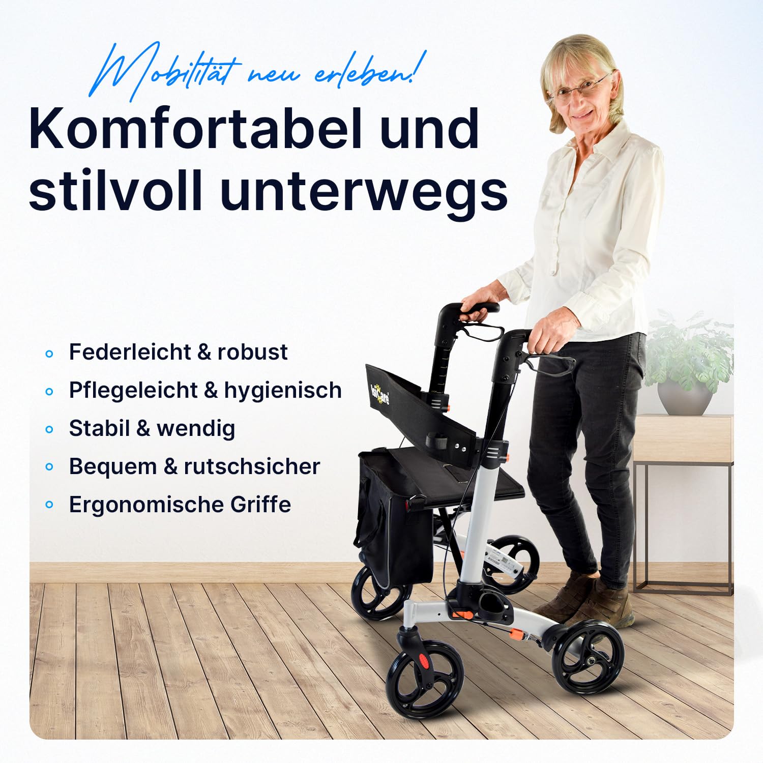 Rollator Premium leicht faltbar Aluminium, nur 6,5 Kg, Gehhilfe mit Rädern Senioren, Leichtgewichtrollator klappbar, Laufhilfe Erwachsene, Gehwagen Innen, Draußen & Kofferraum (Anthrazit)