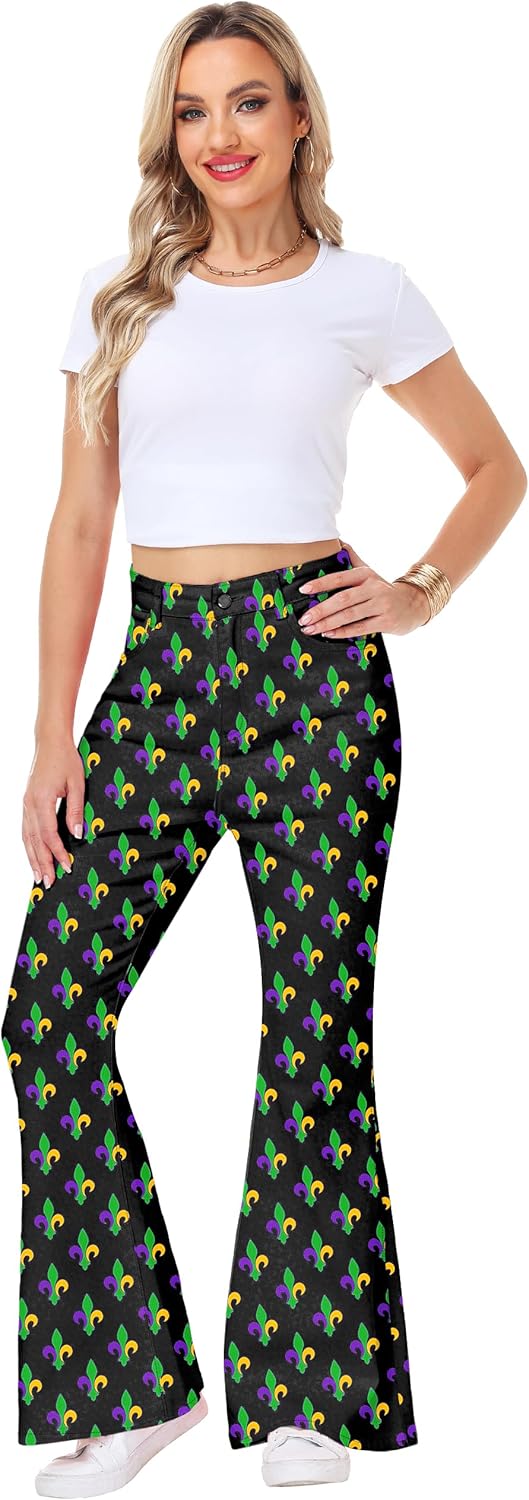 Women St Patricks Day Bell Bottom Jeans Shamrock Flare Denim Pant