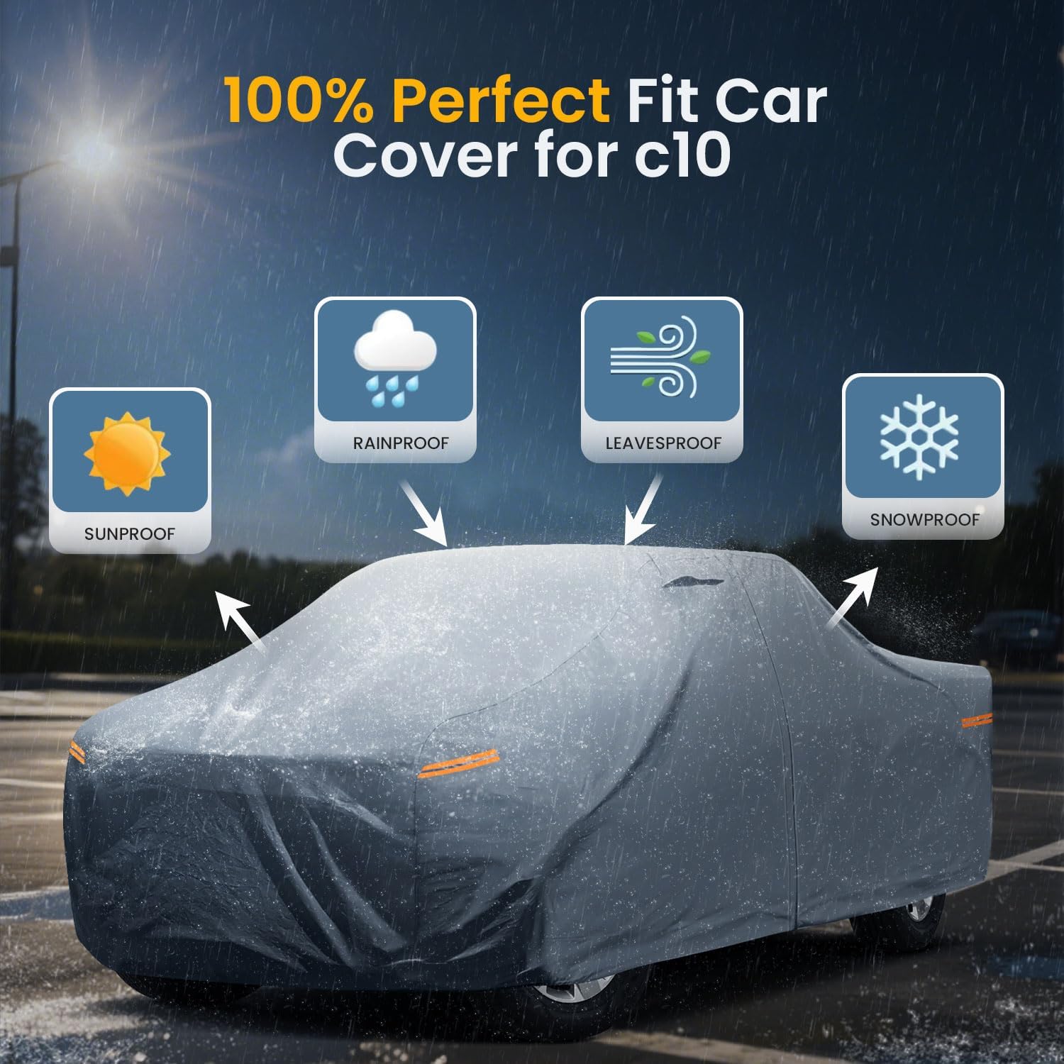 Chevy C10 Truck Cover Custom Fit 1960-1995 Regular/Extended/Crew Cab LB(6.4'-8.5') with Door Zipper, 10 Layer Pickup Truck Cover Waterproof All Weather, Car Tarp for Wind Dust Sun etc Protection.