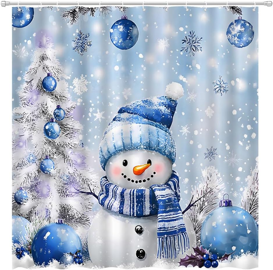 Winter Snowman Shower Curtain Pink Christmas Balls Xmas Tree Snowflake Pine Trees Snow Scene Cute Rustic Snowmen New Year Holiday Bathroom Decor Curtains Set with Hooks