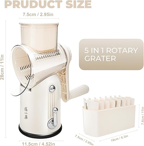 Vista 5 de Rallador giratorio de queso, manivela de mano con cuchillas intercambiables 5 en 1 y base de succión fuerte, trituradora de verduras, rebanadora