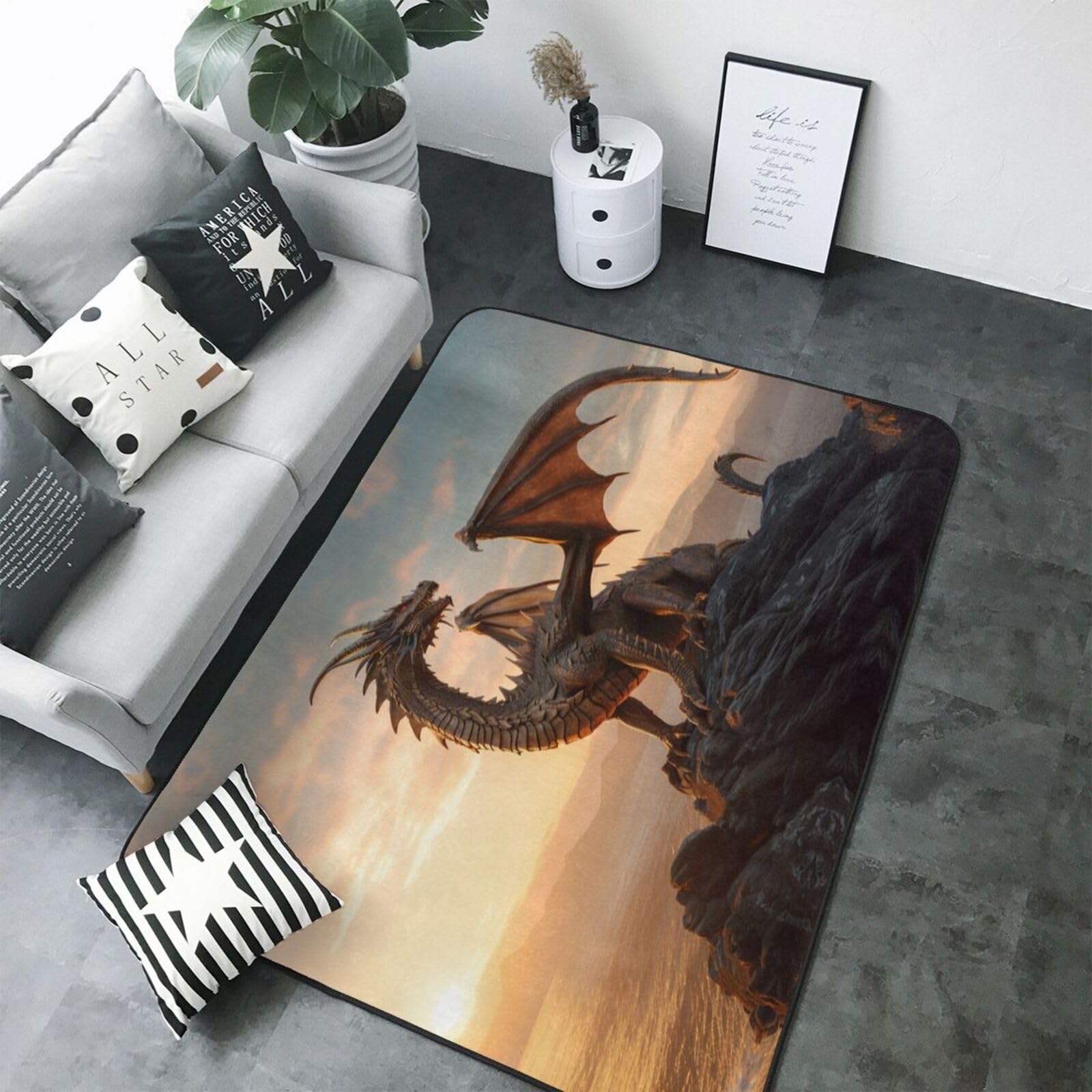 Tapis de salon lavable grand format motif dragon coucher de soleil ciel