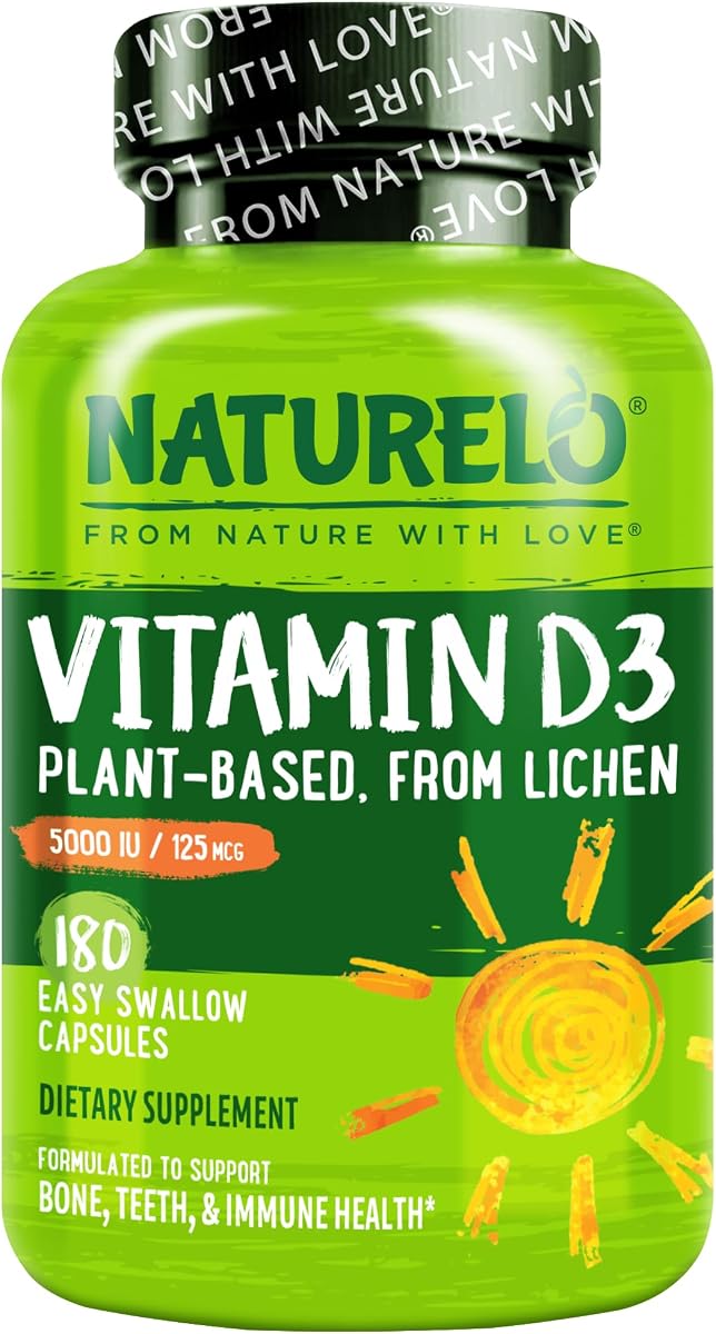 NATURELO Vitamin D - 5000 IU - Plant Based from Lichen - Natural D3 Supplement for Immune System, Bone Support, Joint Health - High Potency - Vegan - Non-GMO - Gluten Free - 180 Capsules