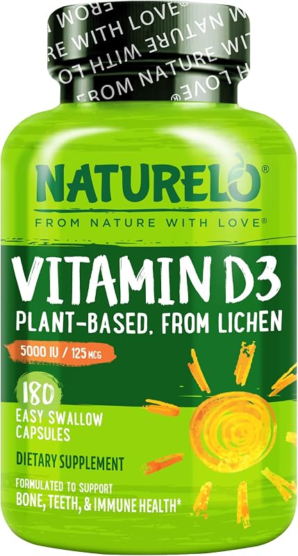 NATURELO Vitamin D - 5000 IU - Plant Based from Lichen - Natural D3 Supplement for Immune System, Bone Support, Joint Health - High Potency - Vegan - Non-GMO - Gluten Free - 180 Capsules