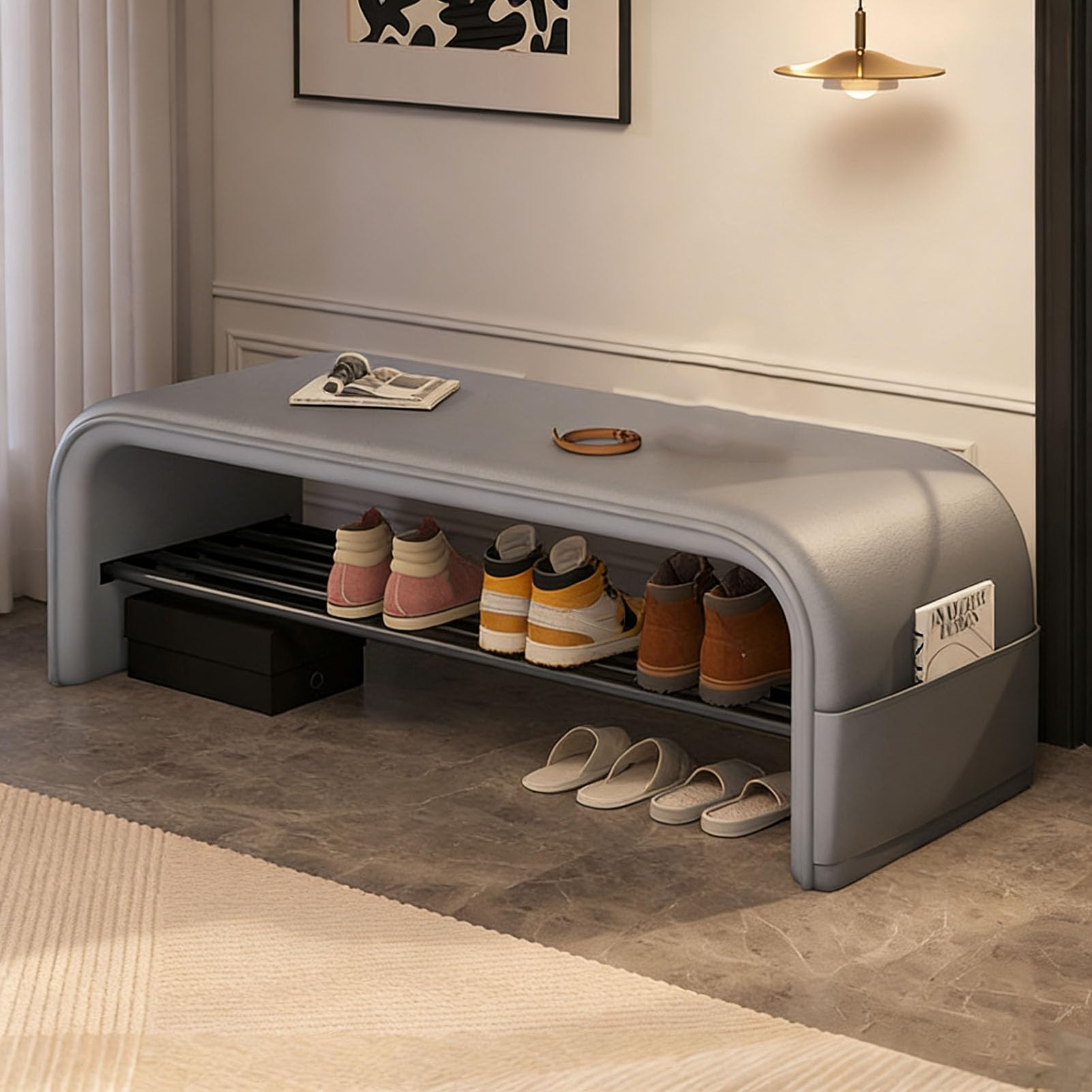 GDMDPTE Vinta White Shoe Bench with Sto Rustic Entryway Fur Gray Shoe Rack with Cush Charming Hallway nizer 100x35x42cm Ideal for Home Décor