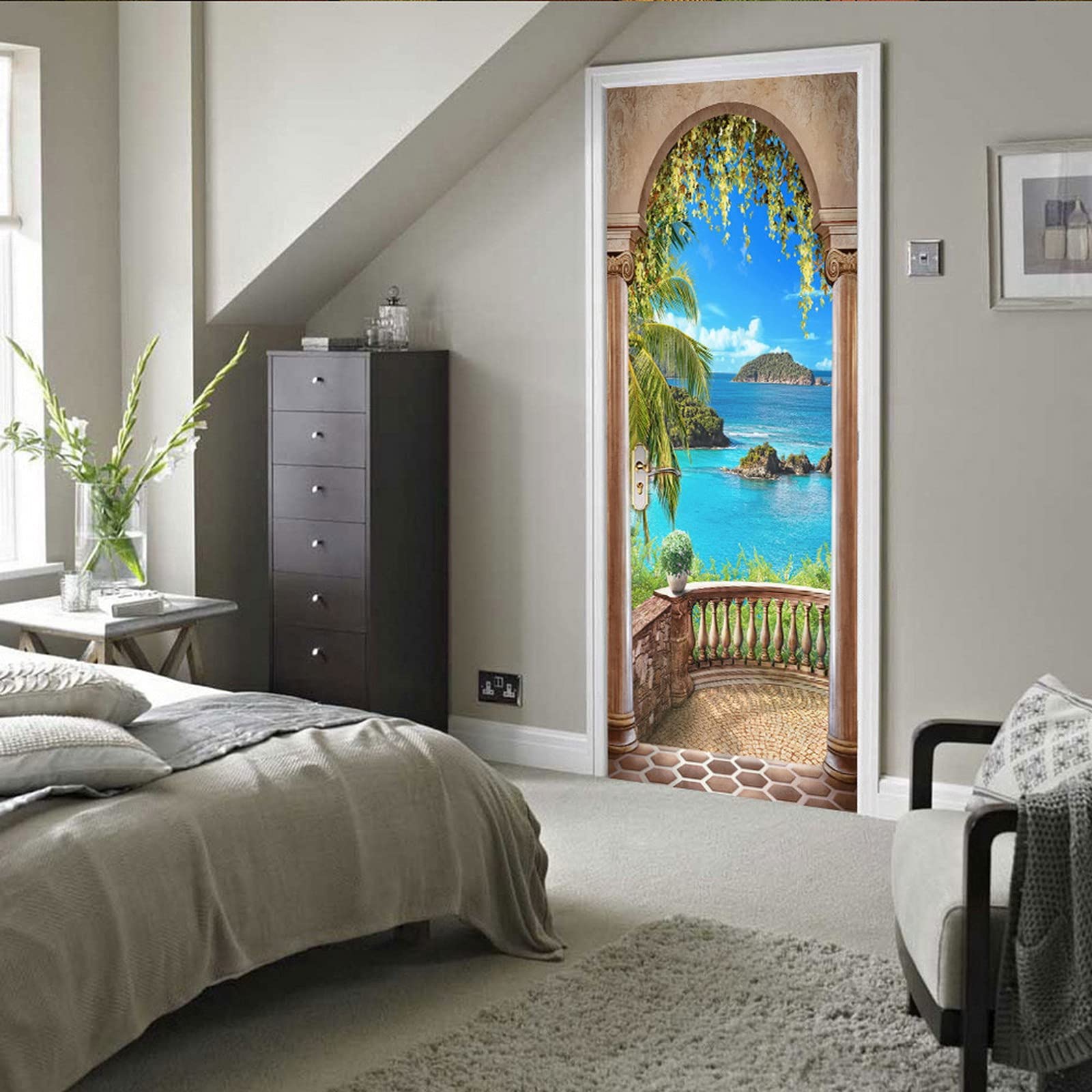 A.Monamour Türtapete Selbstklebend Türfolie Türposter 3D Blauer Meer Blick Durch Balkonbogen Vinyl Folie Türdeko Tapete Wandbild Türaufkleber Türtattoo 95 x 215 cm