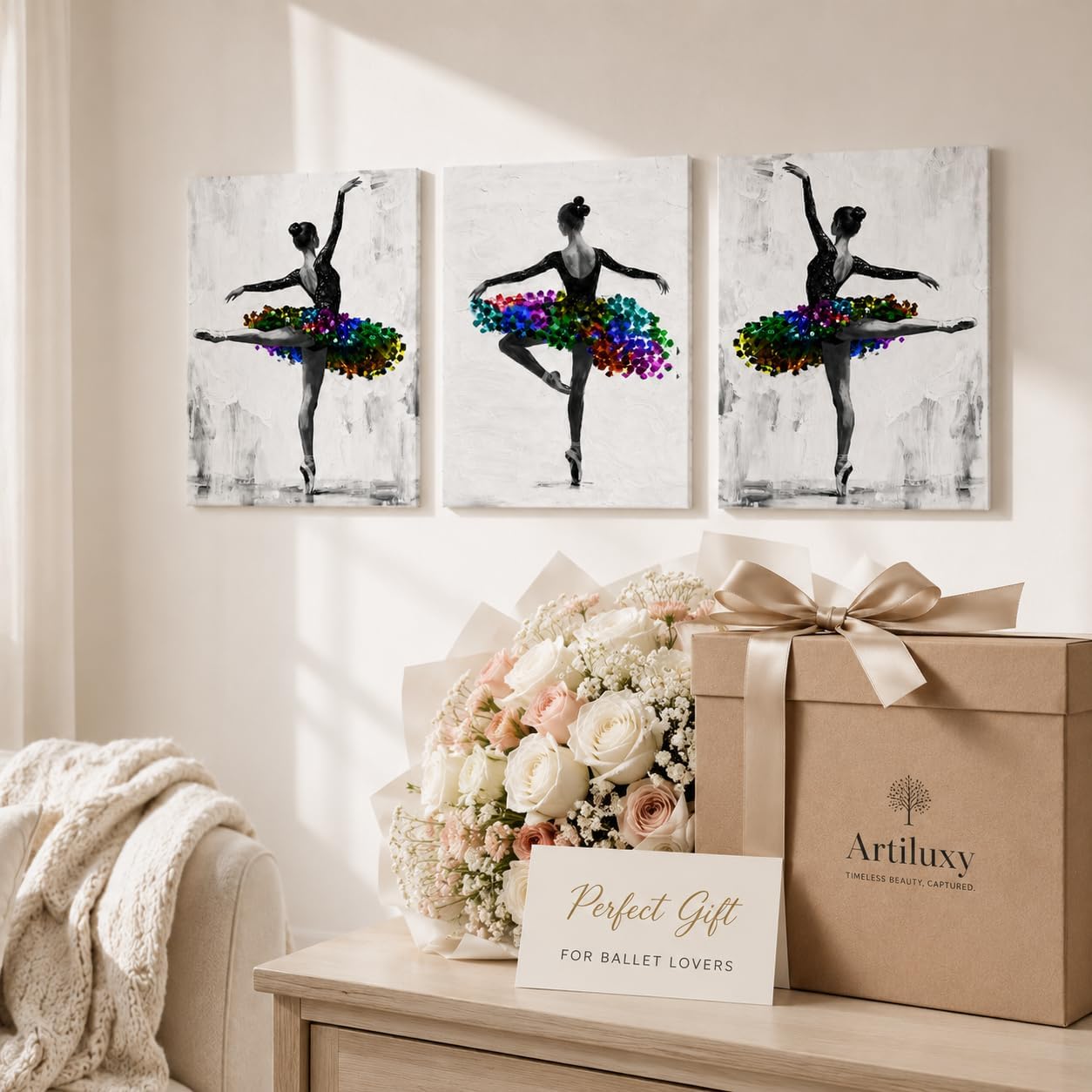 Artiluxy Ballet Dancer Canvas Wall Art Set of 3, 12x16 Inch Ballerina Prints with Rhinestone Accents, Ready to Hang Framed Wall Decor for Bedroom Dance Studio, Black White Modern Art