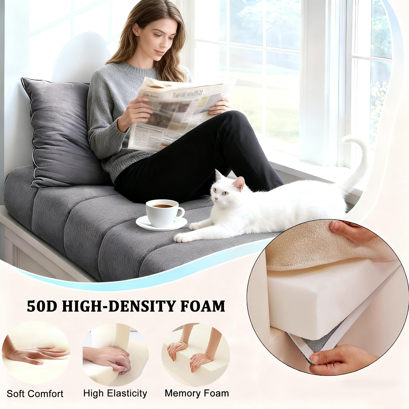 Cojín de Espuma de tapicería de Alta Densidad de 40x150 cm para Banco de Exterior/Interior, Tejido Polar, Almohadilla Antideslizante de Invierno, Correas con Cremallera para ventan
