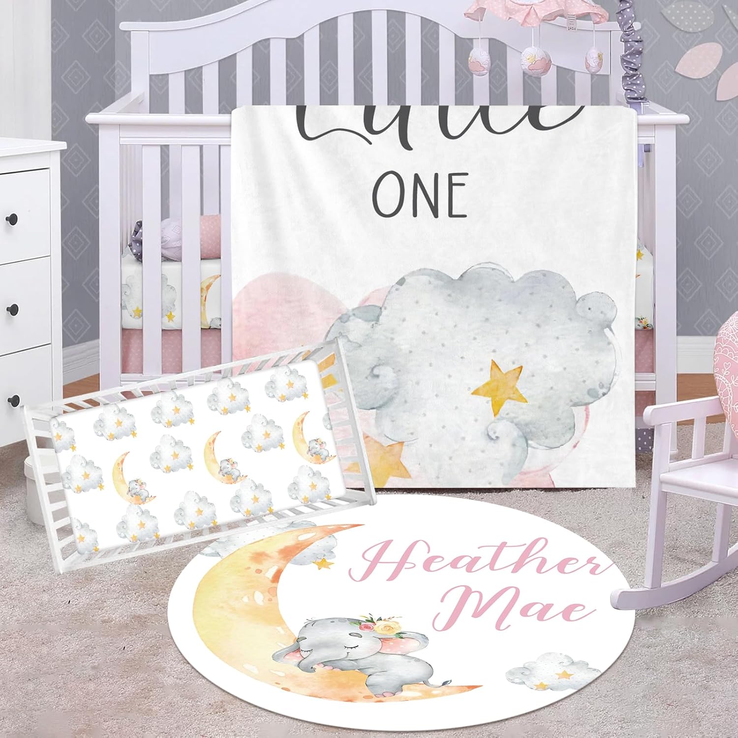 Juego de sábanas personalizado para cuna de elefante bebé juego de ropa de cama personalizado para cuna de 3 piezas con nombre, juego de sábanas