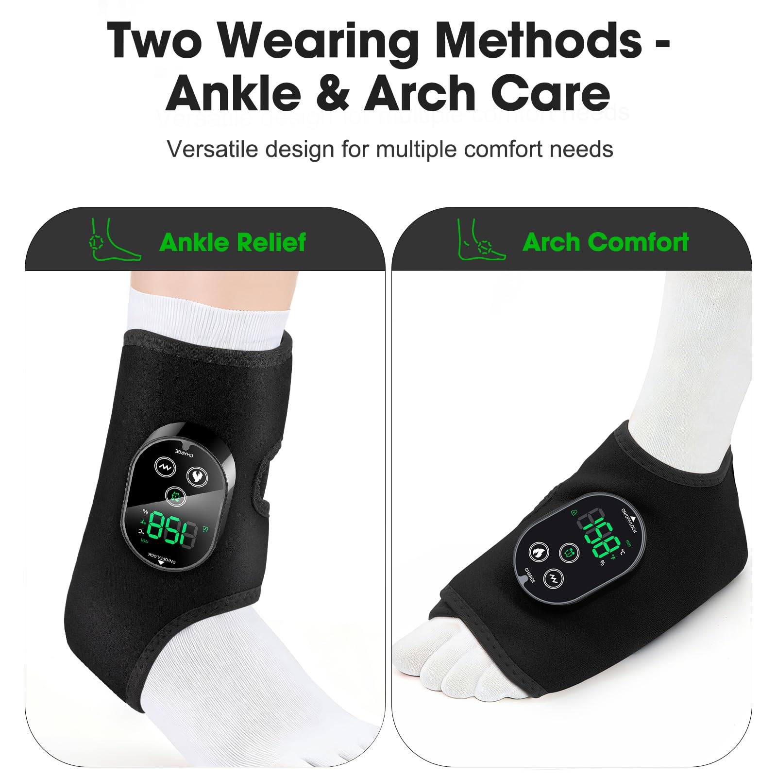 Paquete de 2 almohadillas térmicas inalámbricas para pies y tobillo, masajeador de tobillo para aliviar el dolor, 6 niveles de calor y 3 modos de vibración, masajeador de pies, envoltura de