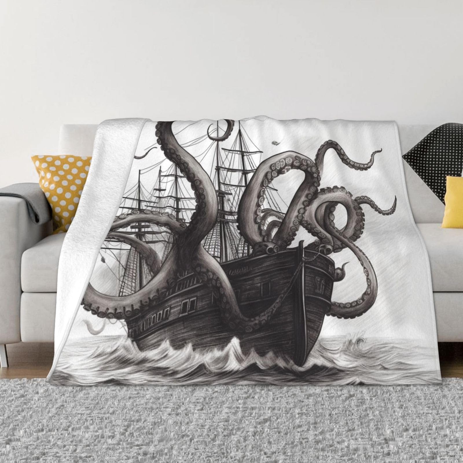 Black and White Octopus and Ship Throw Blanket 50"x40" Flannel Fluffy Warm Blanket for Couch, Reversible Plush Blankets for Bed, Comfy Fuzzy Blanket for Sofa, Plush Lightweight-Blankets for All Season