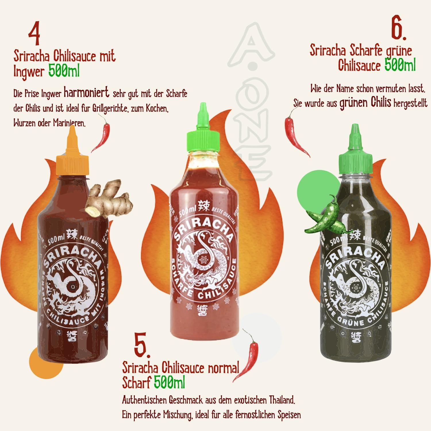A-ONE Sriracha Salsa Juego de 12 x 500 ml – Salsa de chile con 6 sabores por 2 botellas – Clásica, Super caliente, ajo, limoncillo, jengibre, verde, paquete de ventaja, vegetariano