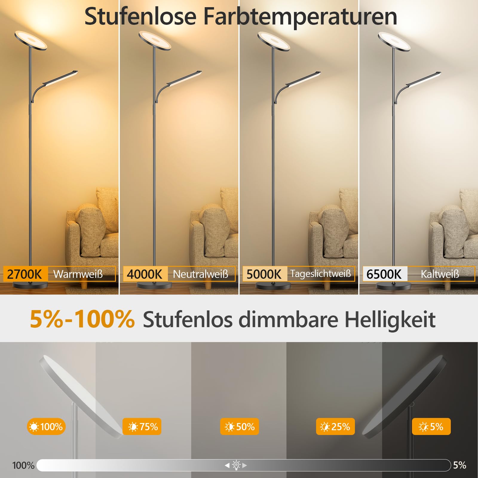 Stehlampe Wohnzimmer, 42W Deckenfluter mit Leselampe Dimmbar, 4200LM Stehlampe mit 2700K-6500K Farbtemperatu, Moderne Standleuchte mit Fernbedienung & Touch-Steuerung für Wohnzimmer Schlafzimmer