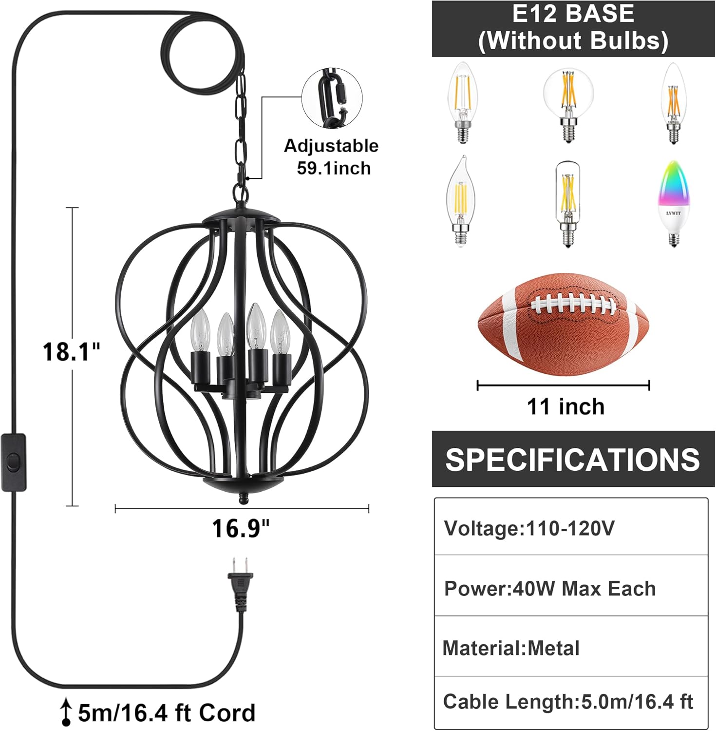 LASENCHOO Black Plug in Chandelier Light, 4 Lights Modern Geometric Plug in Pendant Light for Ceiling Light with Long Cord, Lantern Chandeliers for Entryway Hallway Foyer Dining Room Light Fixture