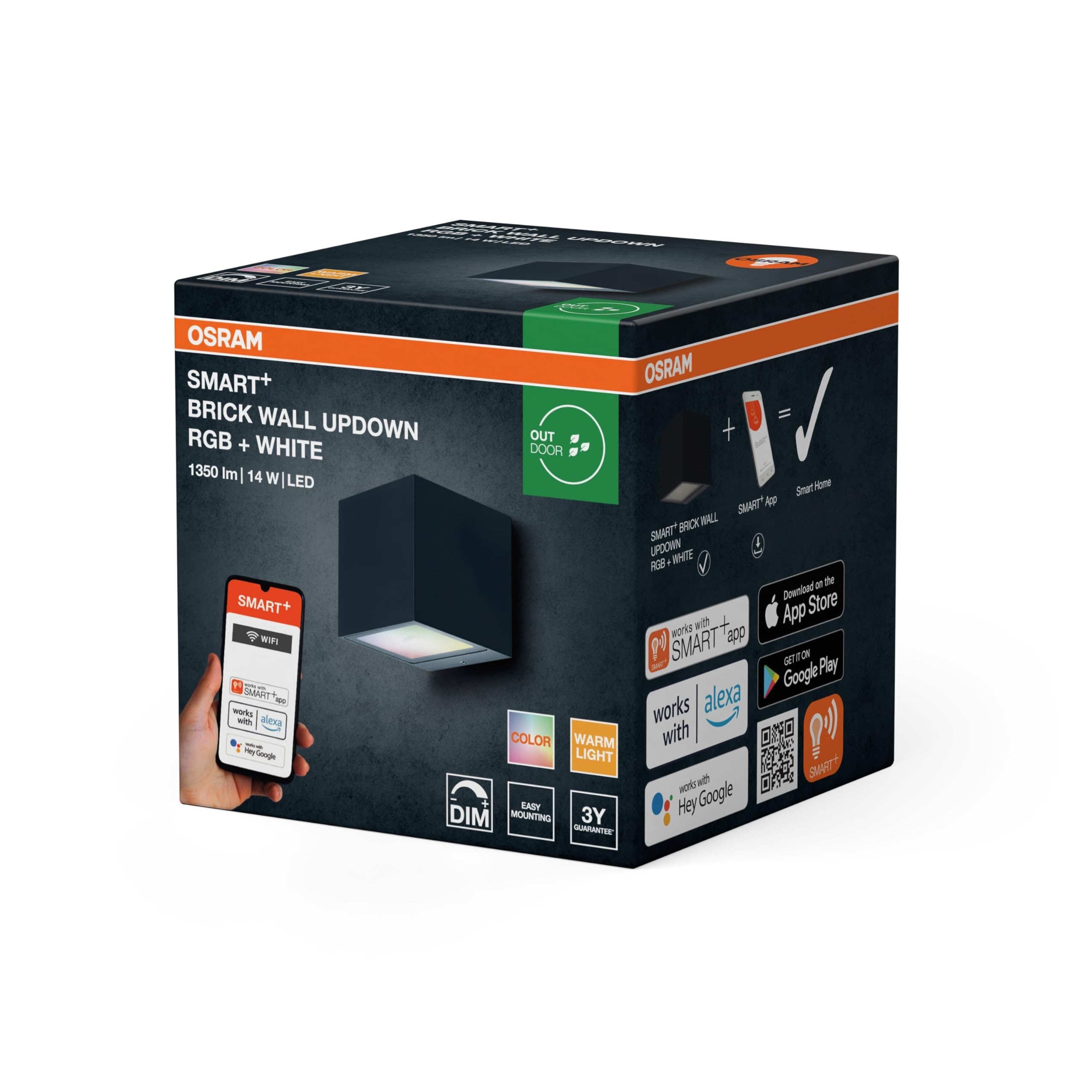 Osram Applique extérieure SMART+ Up/Down RGB & blanc chaud, contrôle WiFi, dimmable, boîtier en aluminium gris foncé, protection IP44