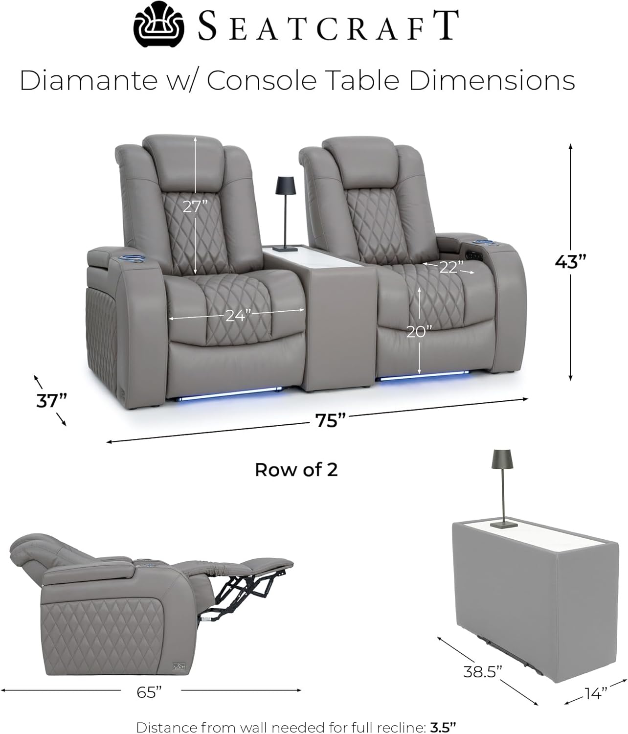 Seatcraft Diamante Zero-Gravity Italian Leather Home Theater Seating w/Wireless Charging Console Table, Power Headrest, Row of 2, Gray