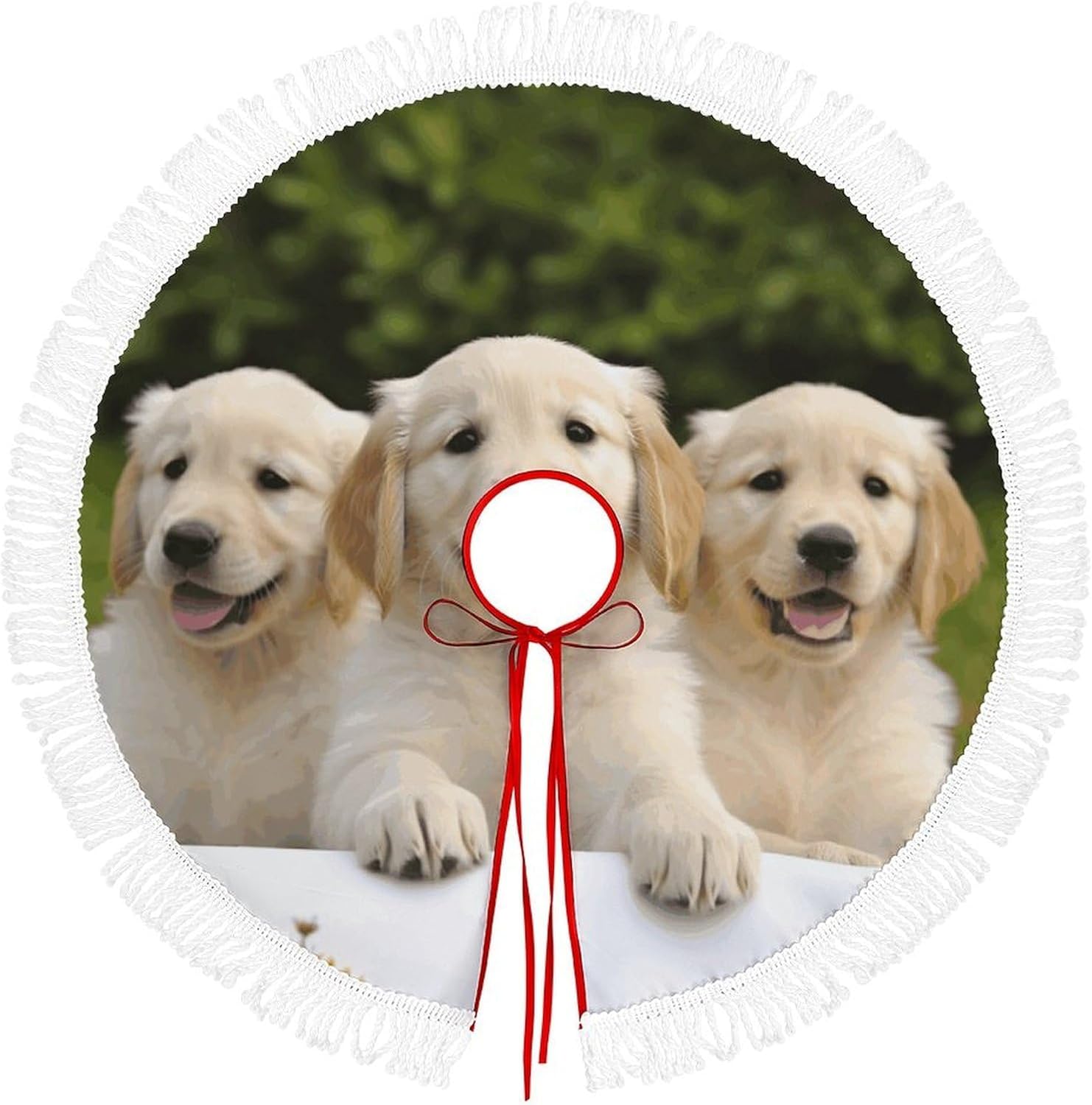 Christmas Tree Skirt Cute Xmas Trees Mat Skirts Personalization Christmas Round Tree Skirts for Holiday Party Decorative Supplies Golden Retriever Puppies