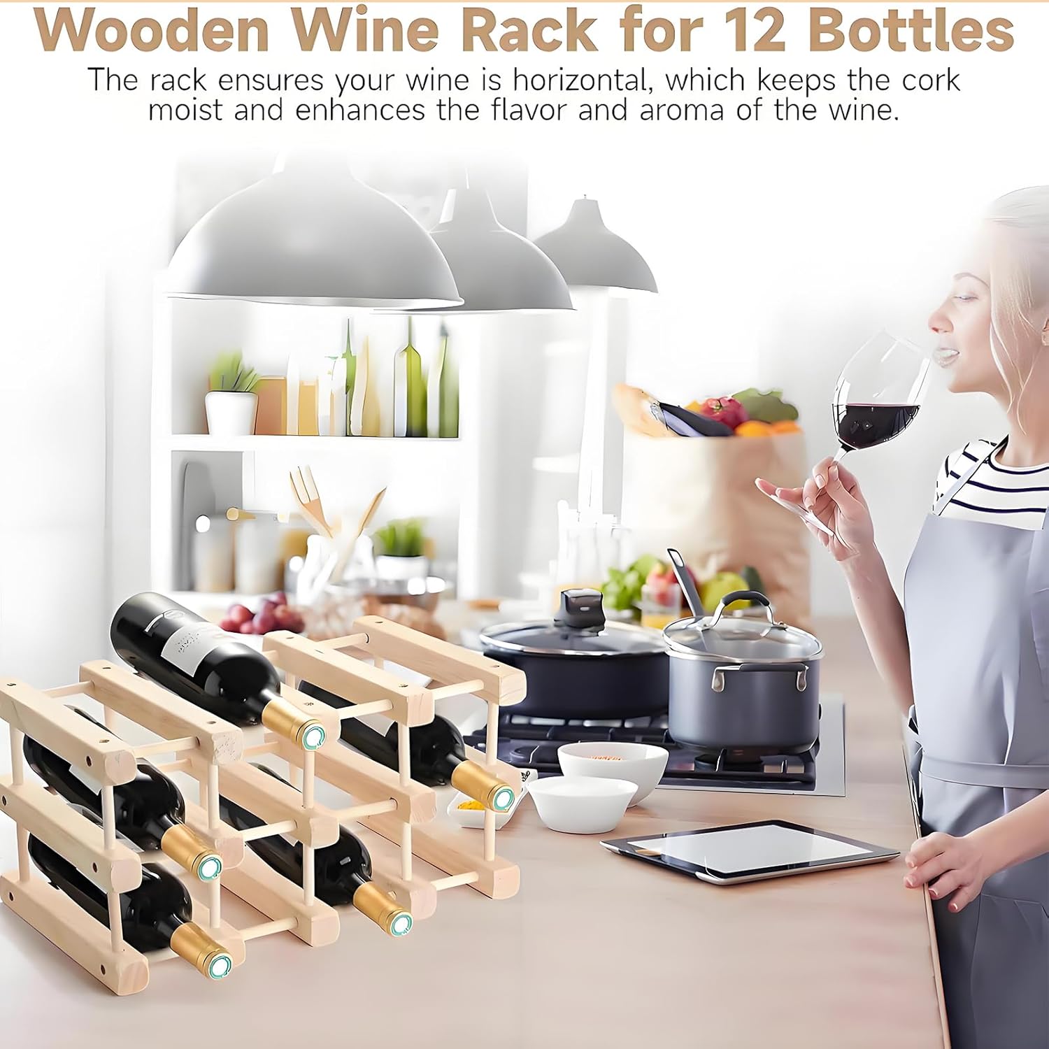 Yuehuam 12-Bottle Stackable Wooden Wine Rack, Modular Wine Storage Rack with Natural Pins, DIY Assembly Wine Storage Rack for Inside Cabinet and Countertop
