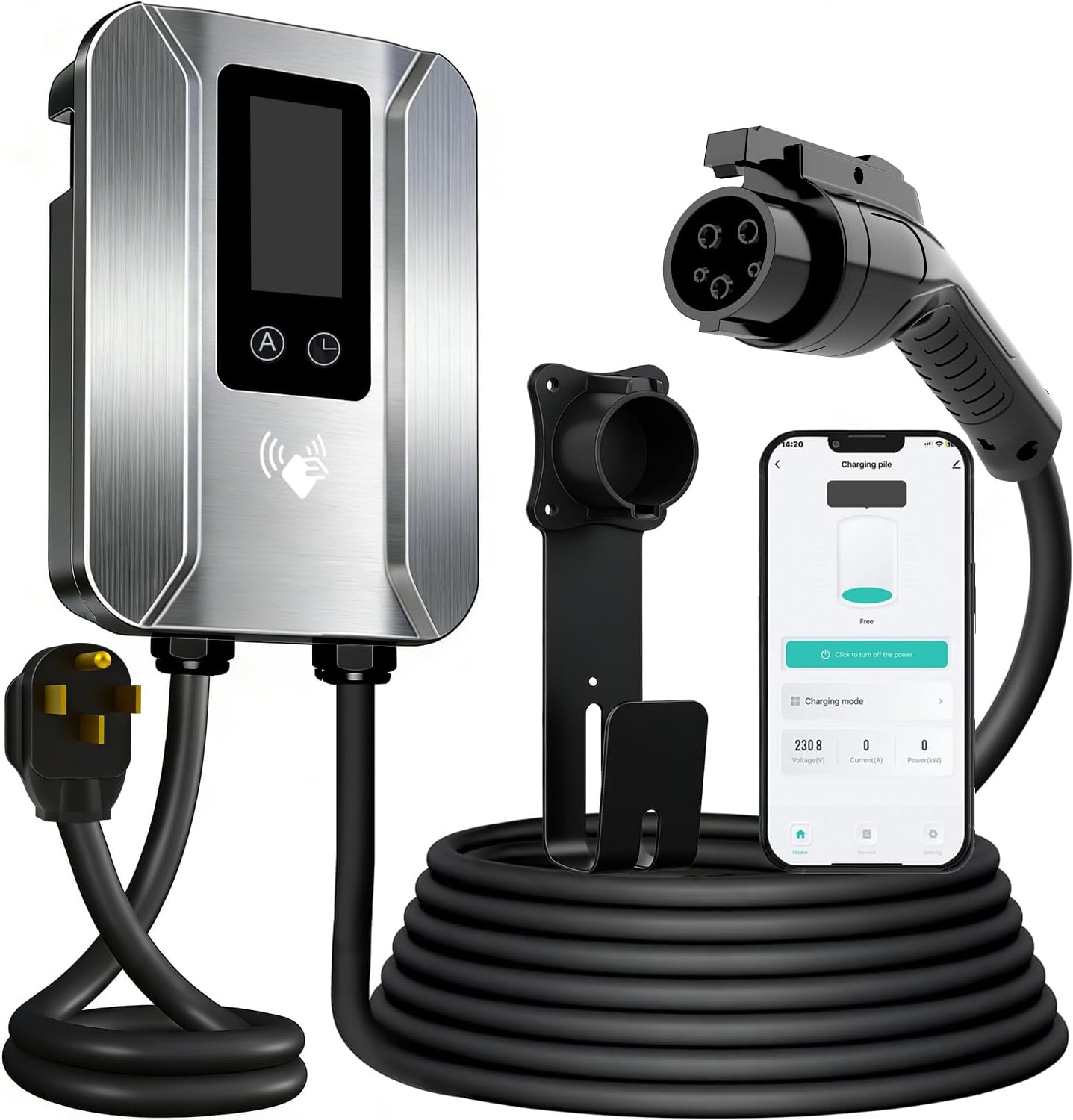 Level 2 EV Charger 48 Amp, 240V Hardwired EV Charging Station, J1772 Connector, RFID Card Access, WiFi Smart Control, 25FT Cable, Fast Charging for Home Indoor/Outdoor