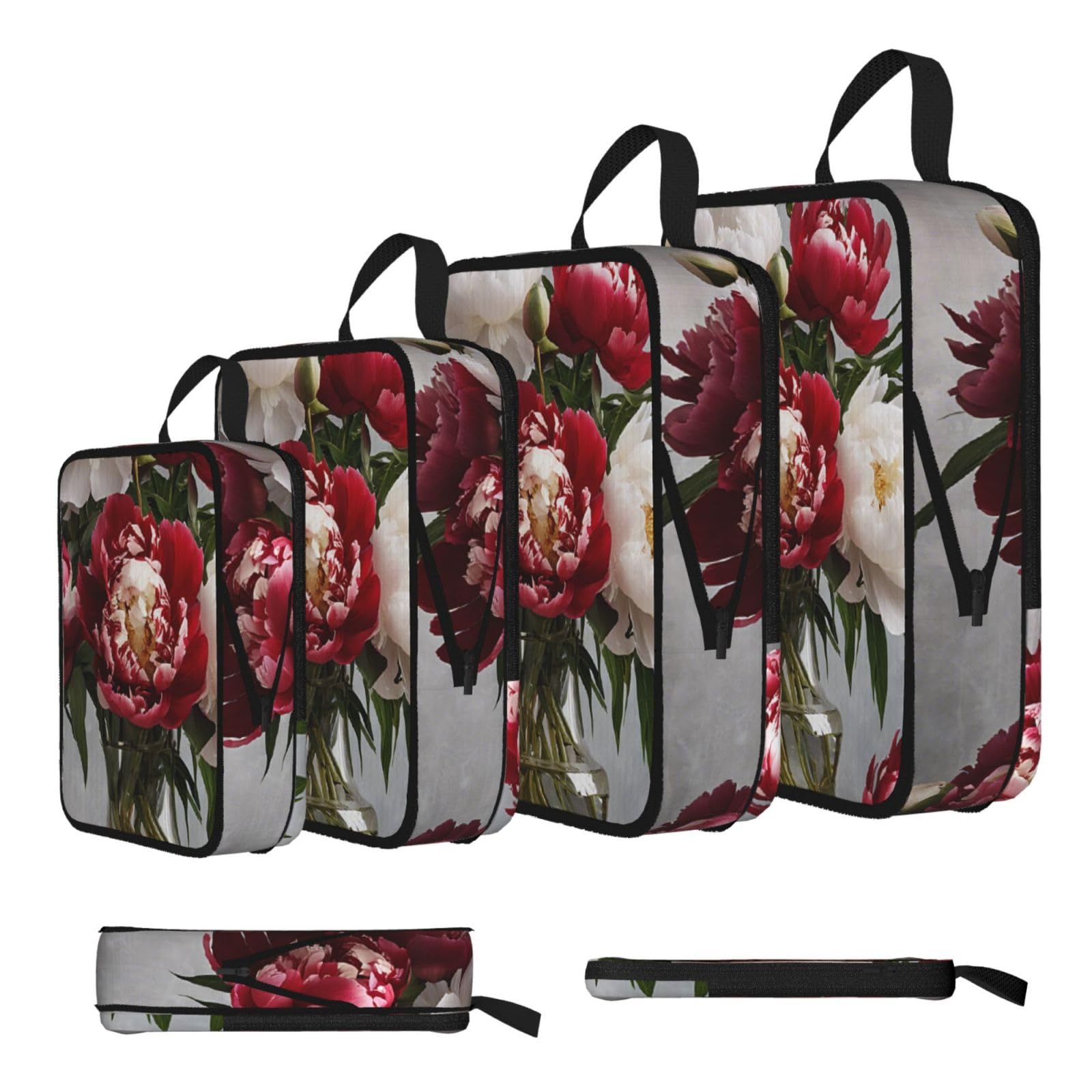 Ezdlowvba Black Peony Flowers Blossom Print Compression Packing Cubes 4-Piece Set With Multi- Compartment Travel Bag, Waterproof Suitcase Organiser Bags