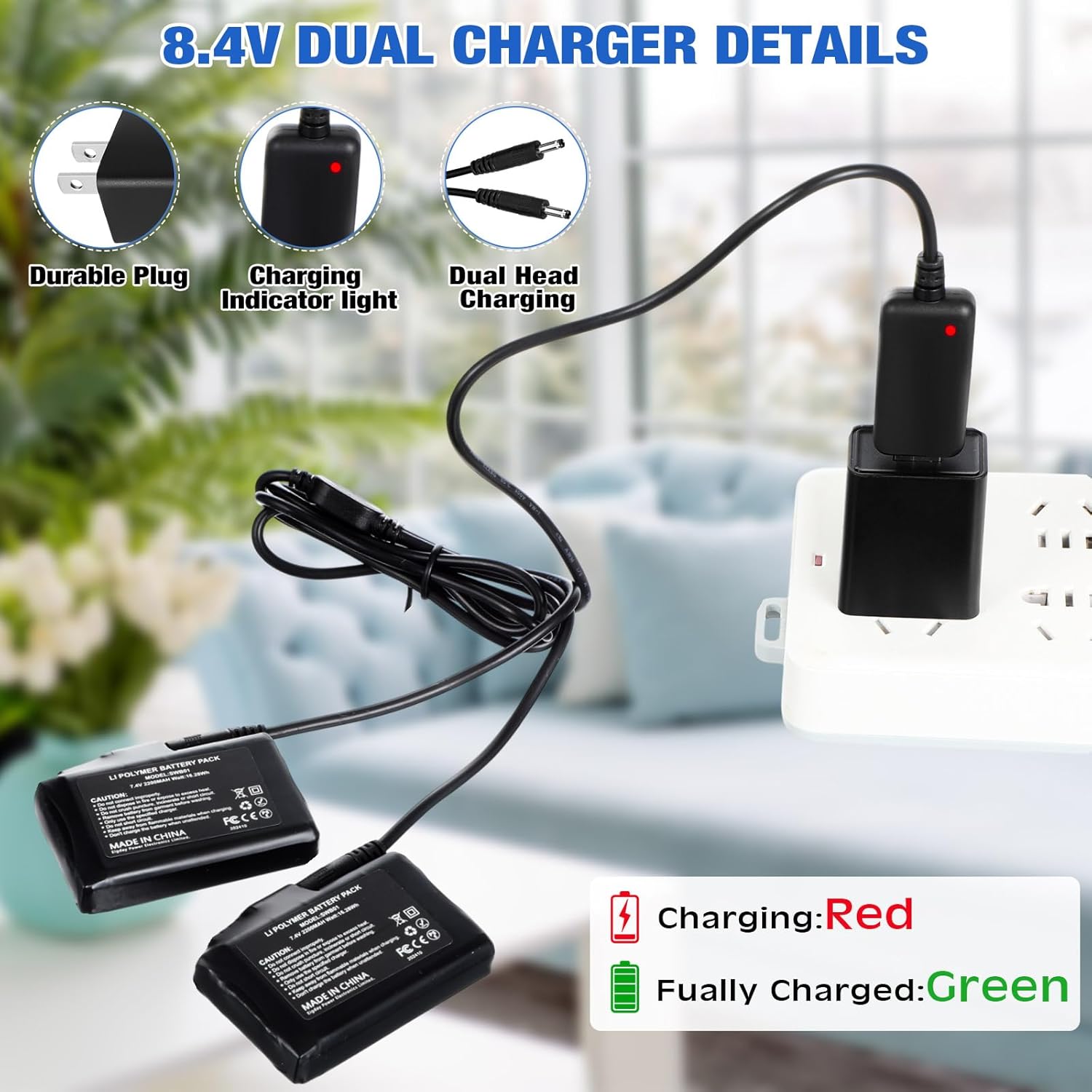 4 Pcs 7.4 Volt Rechargeable Li-ion Battery and 8.4 Volt Dual Heated Glove Charger USB Replacement Battery for Heated Socks Jackets Mittens Boot Vest Hat