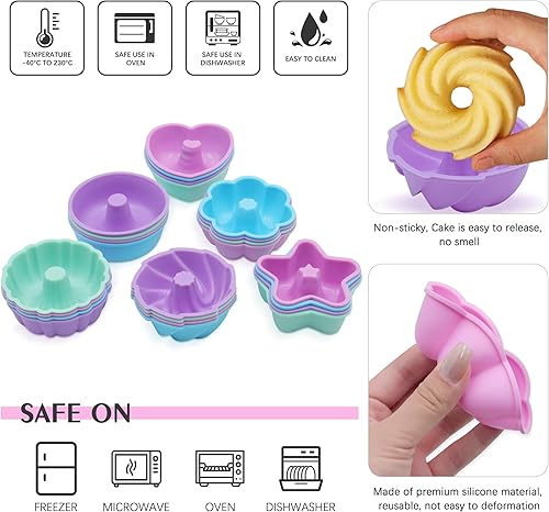 Vista 31 de 24 moldes de silicona para donas, antiadherentes, para magdalenas, tazas reutilizables para hornear, fáciles de limpiar, sartenes para horno