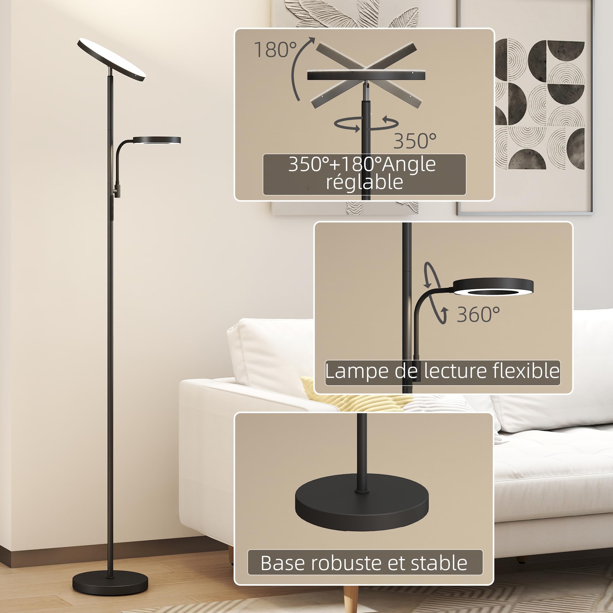 HOMCOM LED-Stehleuchte 42W Stehleuchten Wohnzimmer dimmbar 2700K-6500K Stehlampe mit 4 Farben stufenlos dimmbar, 4 Szenemodi, Fernbedienung und Touch Control, Memory-Funktion, schwarz