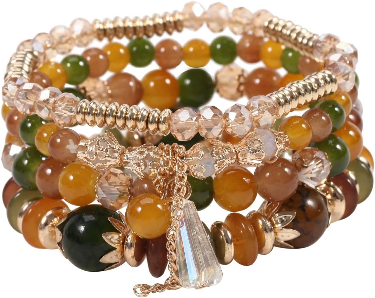 4Pcs Bohemia Multilayer Stackable Beaded Bracelets Set Colorful Crystal Stone Gold Beaded Stretch Bracelets Hawaii Charm Bracelet for Women Men Summer Beach Boho Vacation Jewelry Gifts