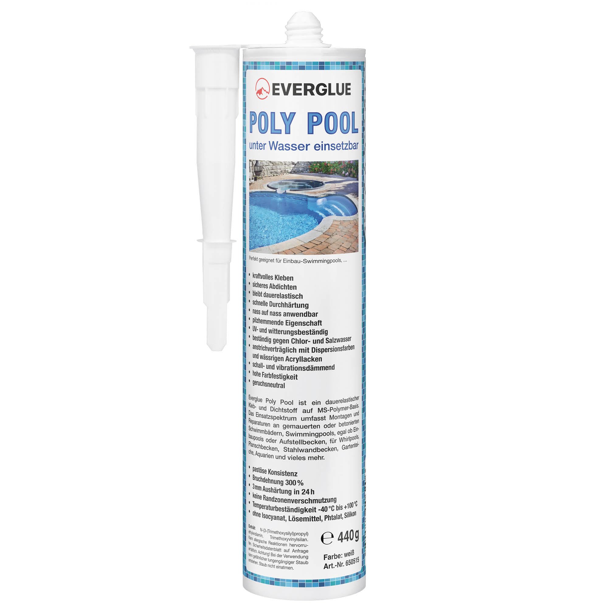 Everglue Poly Pool 1K MS-Polymer Montagekleber zum Kleben und Abdichten, unter Wasser einsetzbar, ohne Silikon, UV-beständig, bleibt dauerelastisch, Farbe: Weiß, 440g Kartusche