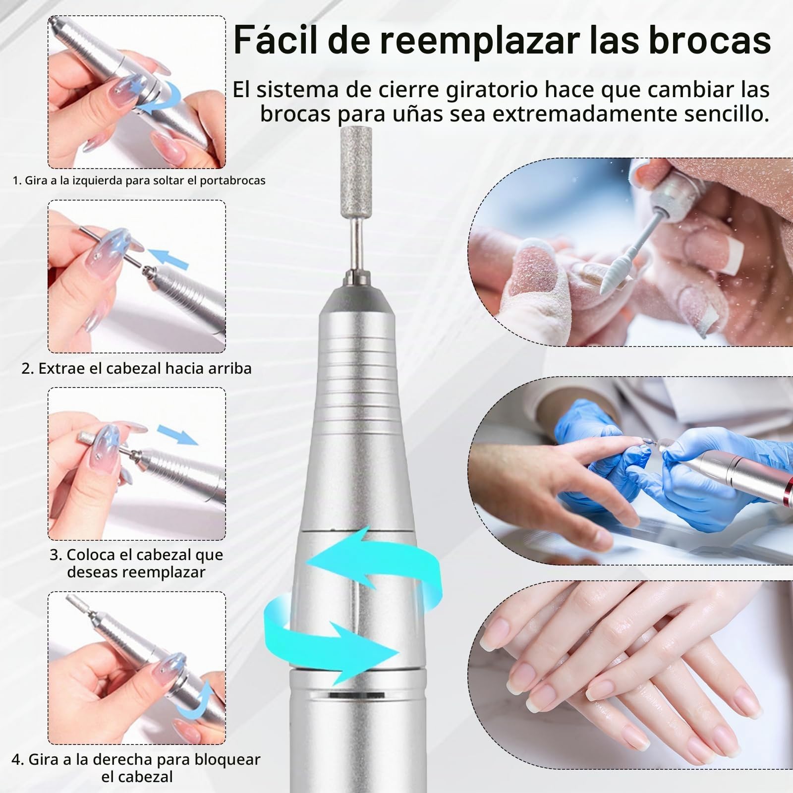 Taladro de Uñas, Torno para Uñas Profesional de 45000 RPM Para Uñas de Gel Juego de Manicura Eléctrico con Pedales Pantalla LED 6 Brocas para Uso Doméstico y Salones de Uñas