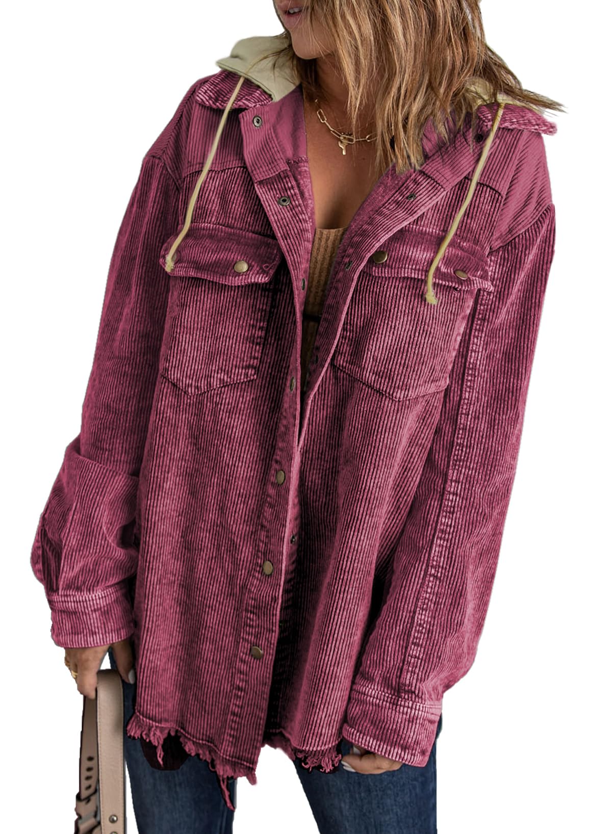 Dokotoo Womens 2025 Fall Corduroy Shacket Jacket Long Sleeve Button Down Color Block Hooded Coat with Pockets