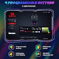 Vista 6 de Redragon Mouse para juegos, mouse para juegos con cable con retroiluminación RGB, 8000 DPI ajustable, mouse con 9 botones macro programables y botón