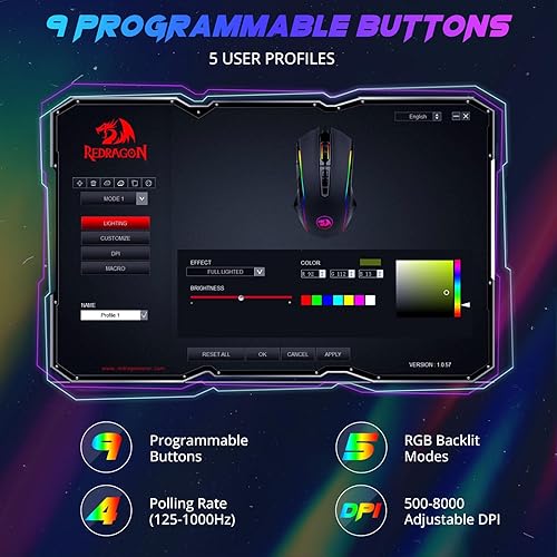 Miniatura 6 de Redragon Mouse para juegos, mouse para juegos con cable con retroiluminación RGB, 8000 DPI ajustable, mouse con 9 botones macro programables y botón